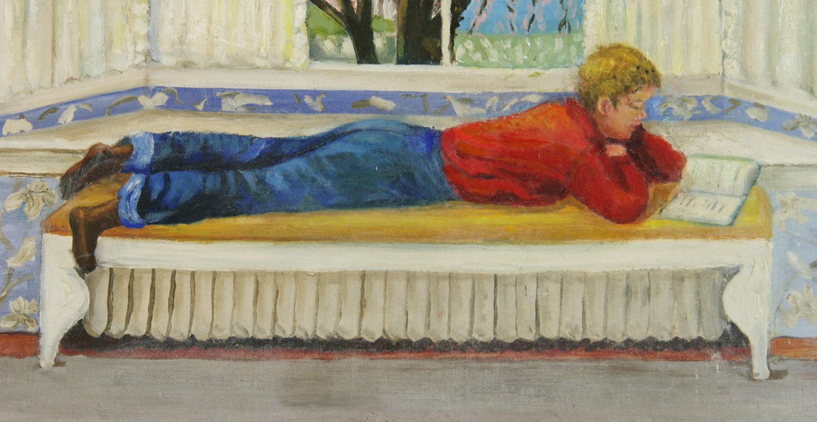 Pittura d'interni vintage attraverso la finestra con un ragazzo   Lettura anni '60 in vendita 1