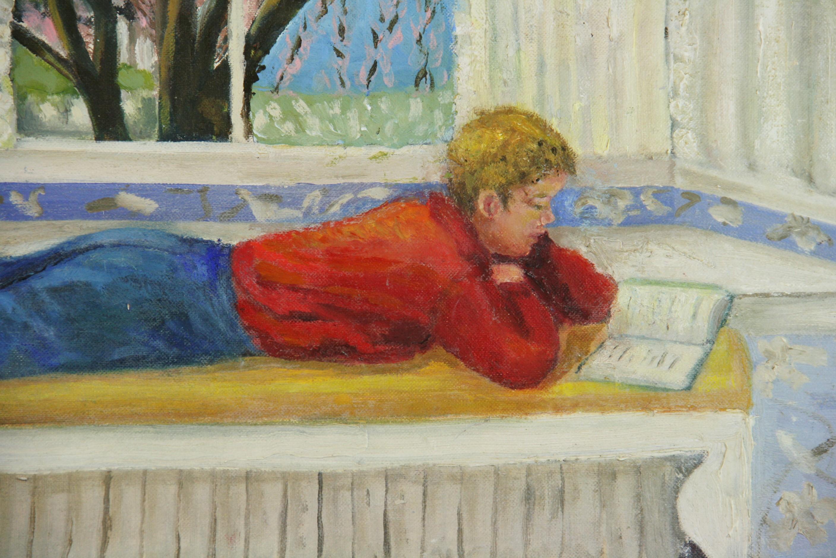 Pittura d'interni vintage attraverso la finestra con un ragazzo   Lettura anni '60 in vendita 2