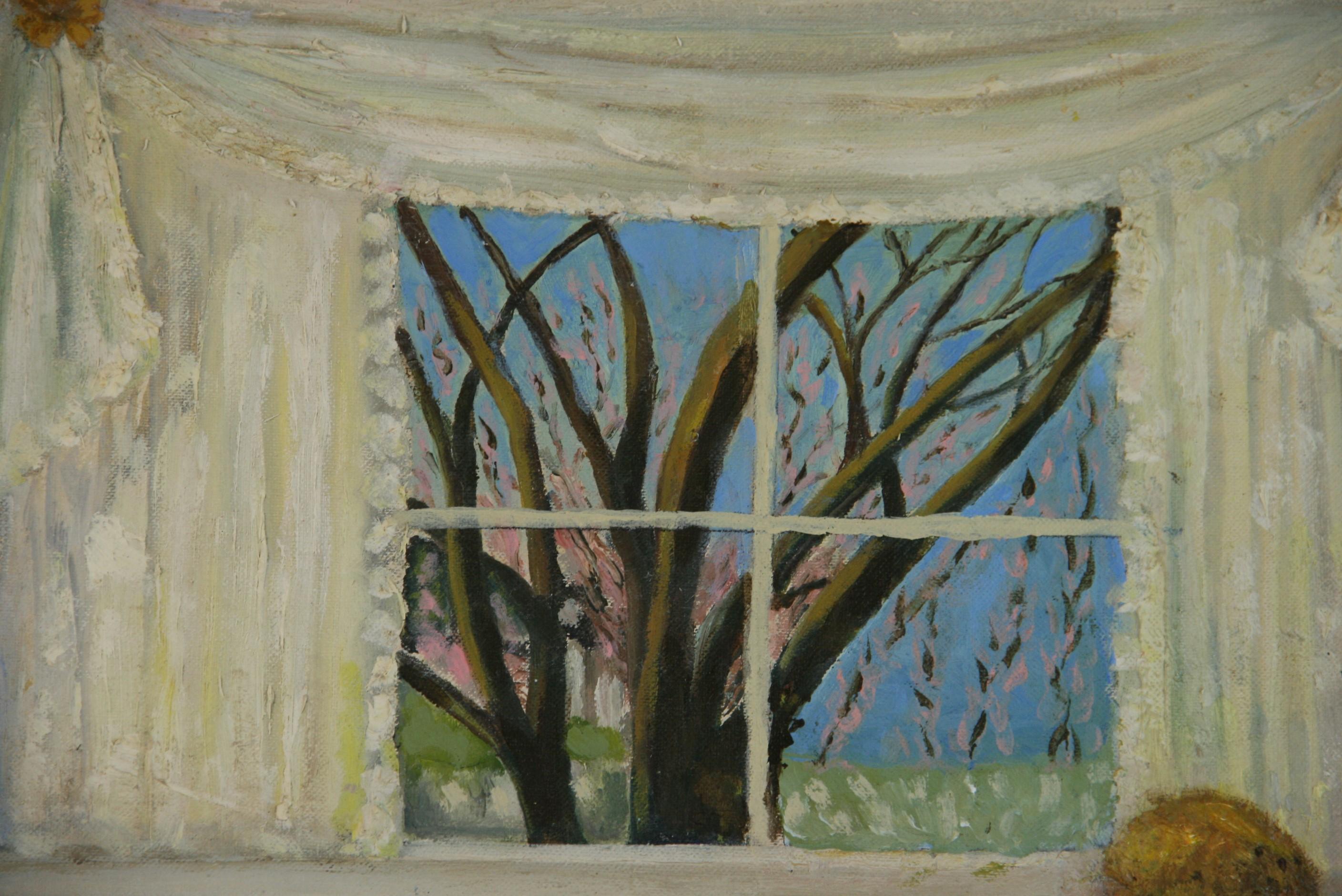 Pittura d'interni vintage attraverso la finestra con un ragazzo   Lettura anni '60 in vendita 3