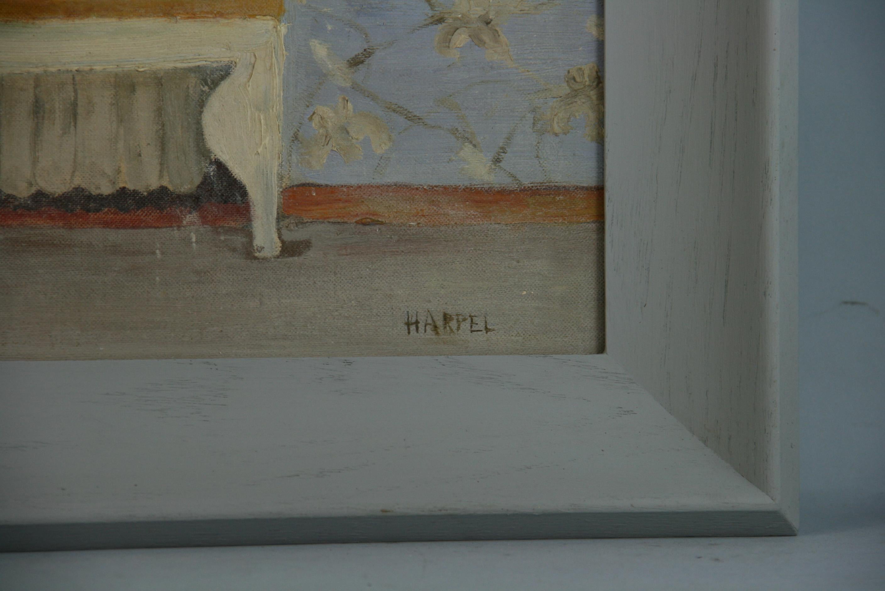 Pittura d'interni vintage attraverso la finestra con un ragazzo   Lettura anni '60 in vendita 4