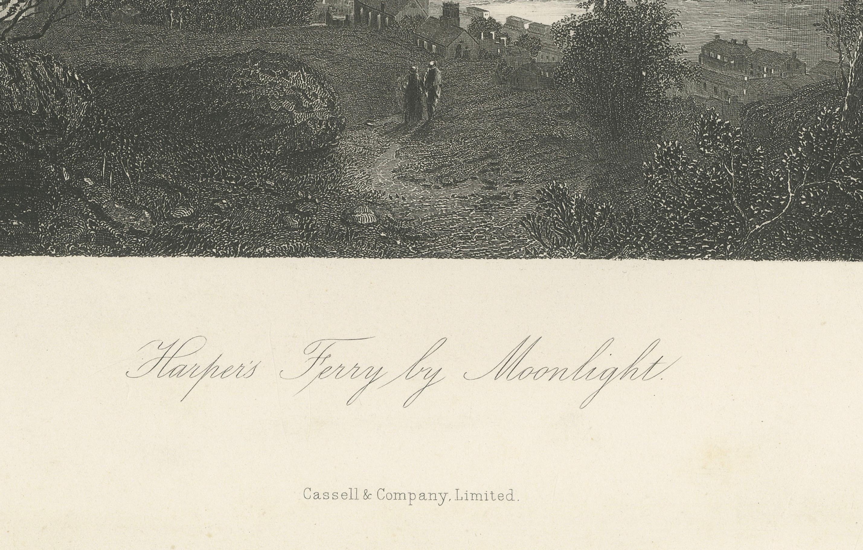 Harper’s Ferry by Moonlight, Potomac River Night View – Antique Engraving, 1872
