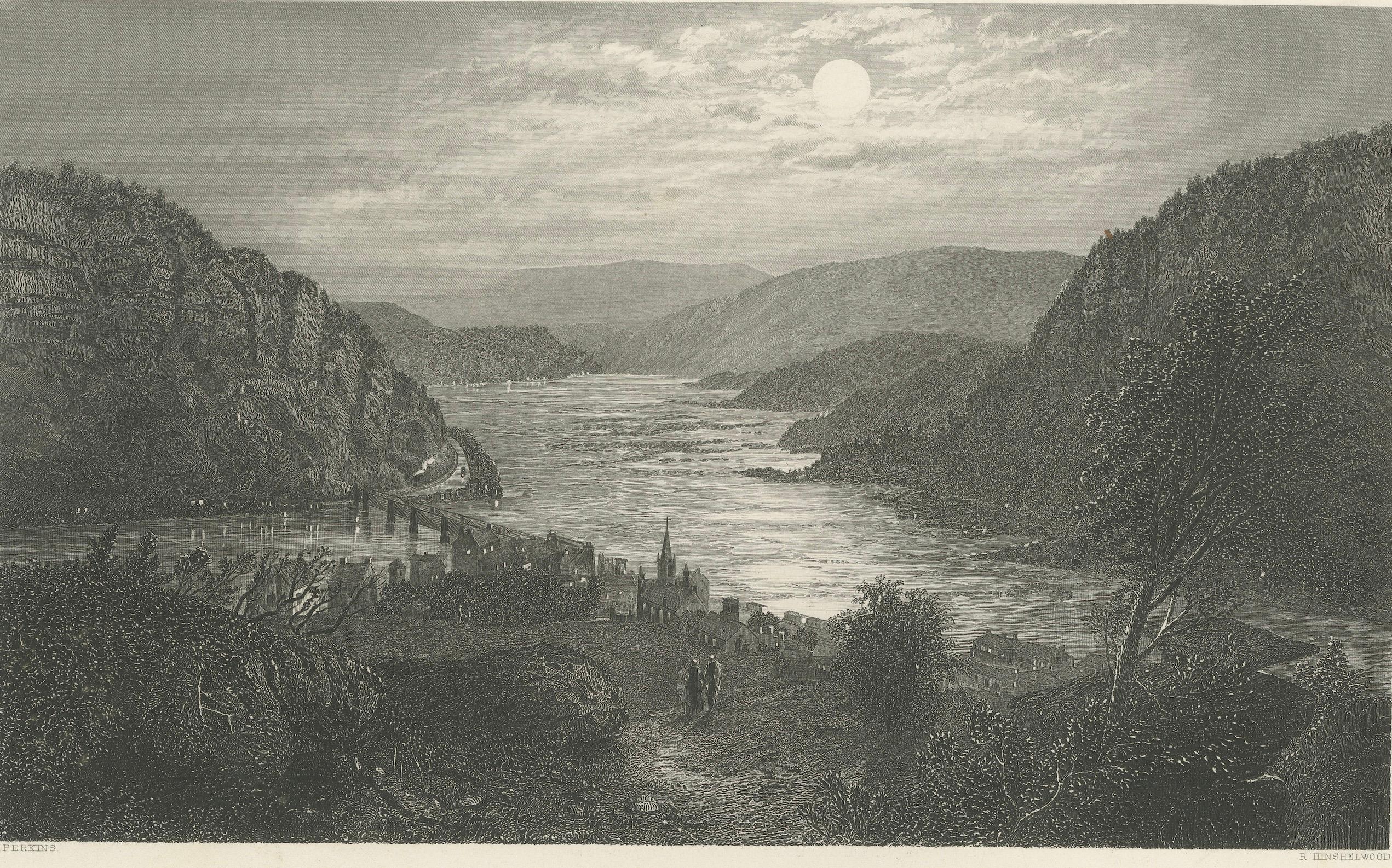 Harper’s Ferry by Moonlight, Potomac River Night View – Antique Engraving, 1872