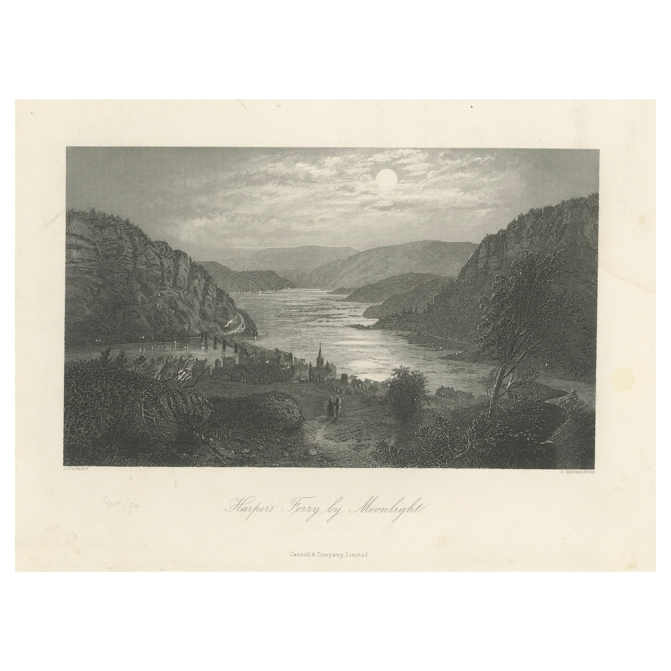 Harper
s Ferry a la luz de la luna, vista nocturna del río Potomac - Grabado antiguo, 1872 en venta