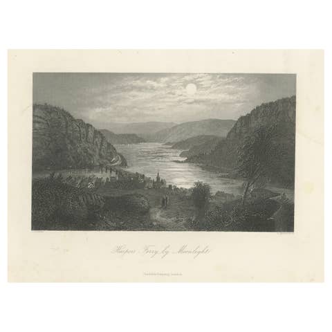 Harper’s Ferry by Moonlight, Potomac River Night View – Antique Engraving, 1872