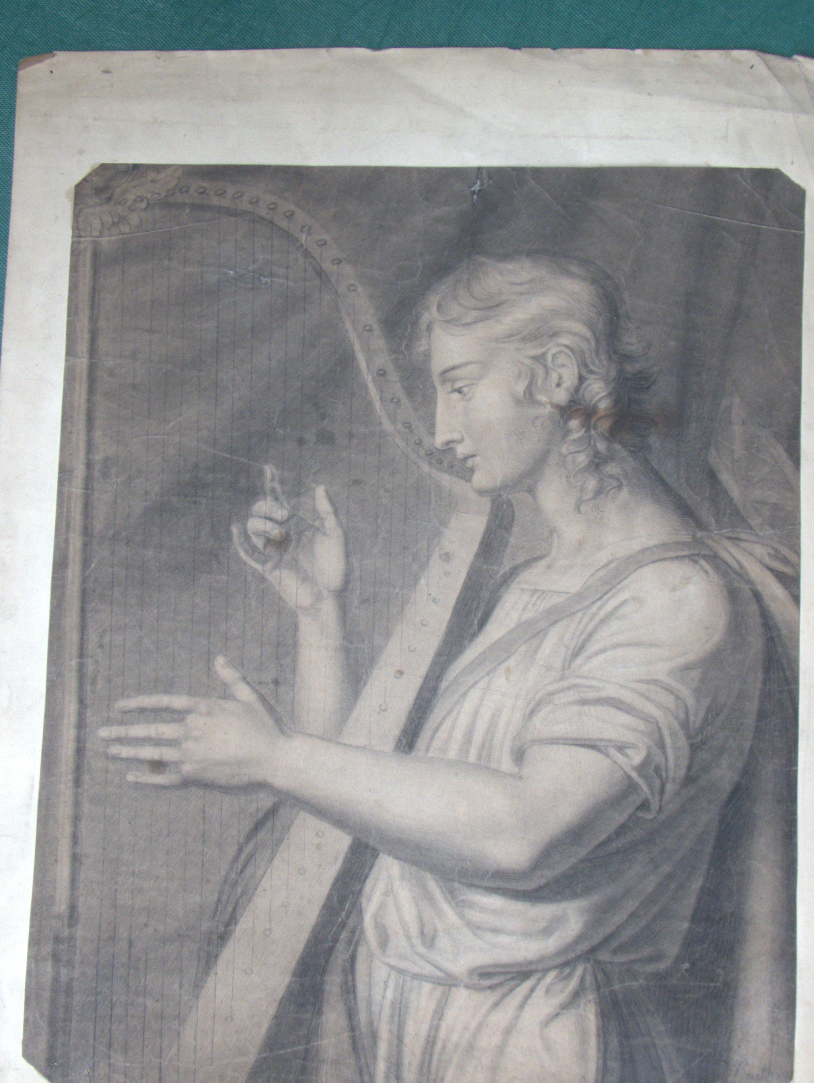 Ungerahmte Bleistiftzeichnung eines Harfenspielers aus dem 18. Jahrhundert.