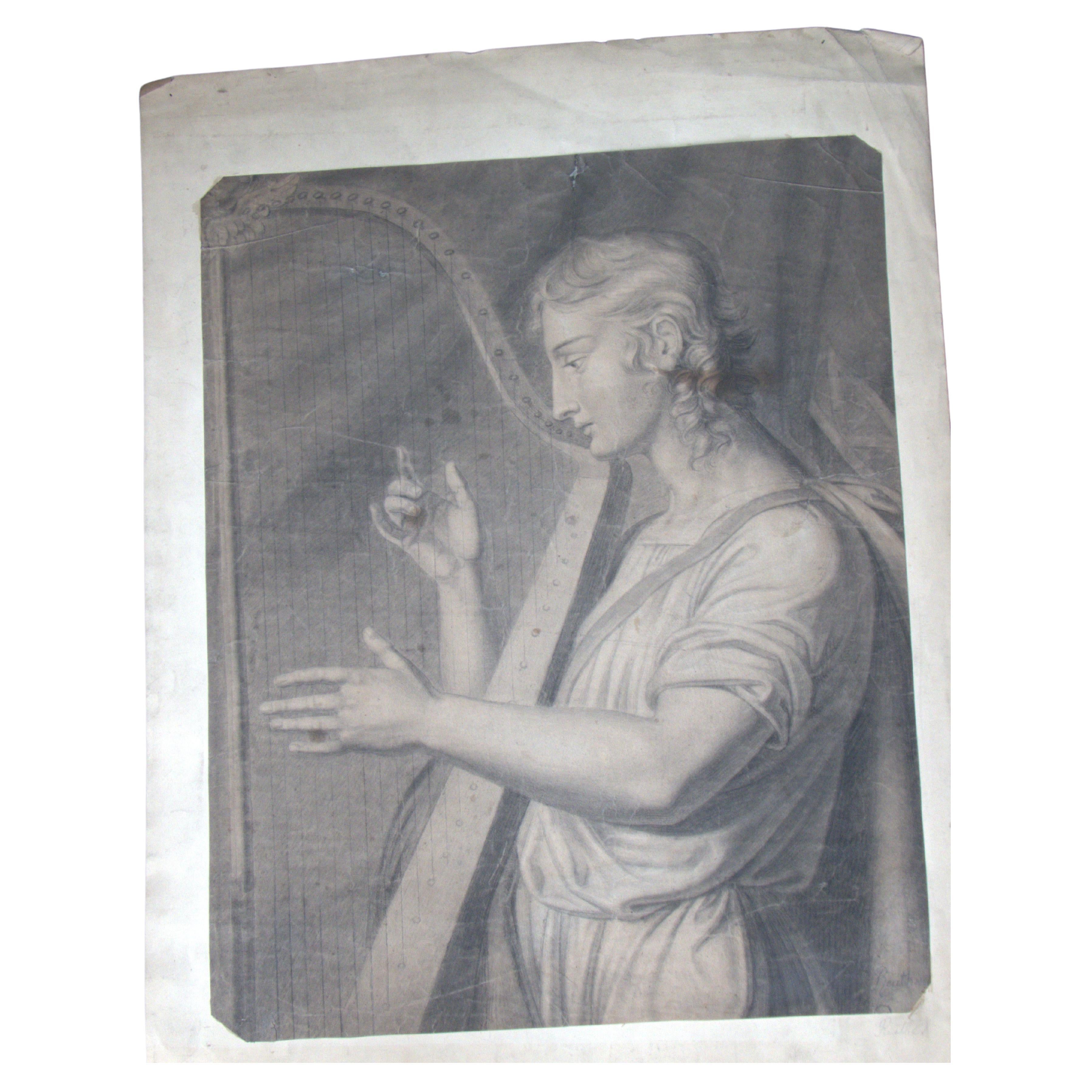 Harpist, 18th Century Drawing