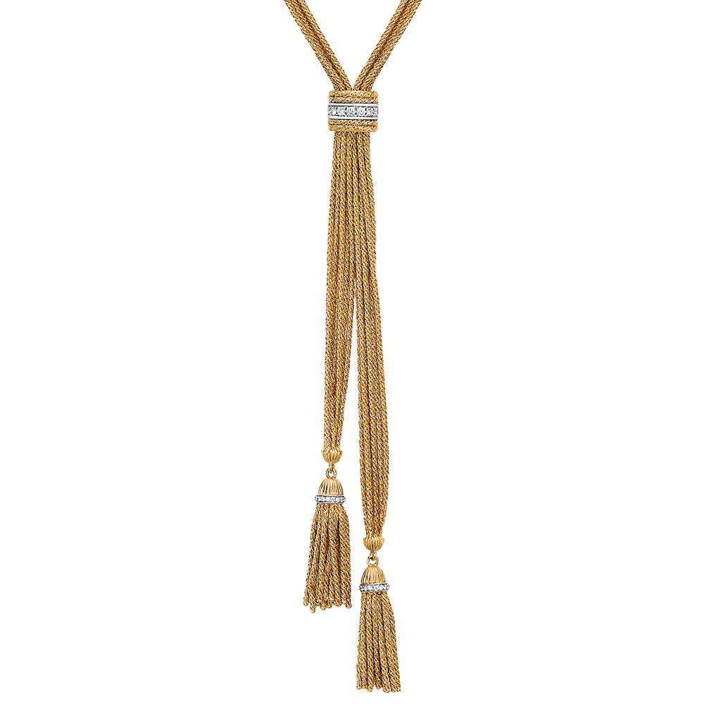 This stunning necklace designed by Harpo's of Italy. The necklace features 6 strands of woven 18-karat yellow gold ending with two tassels accented in round brilliant diamonds. A diamond-accented sliding connector allows for a personal fit.
Diamonds