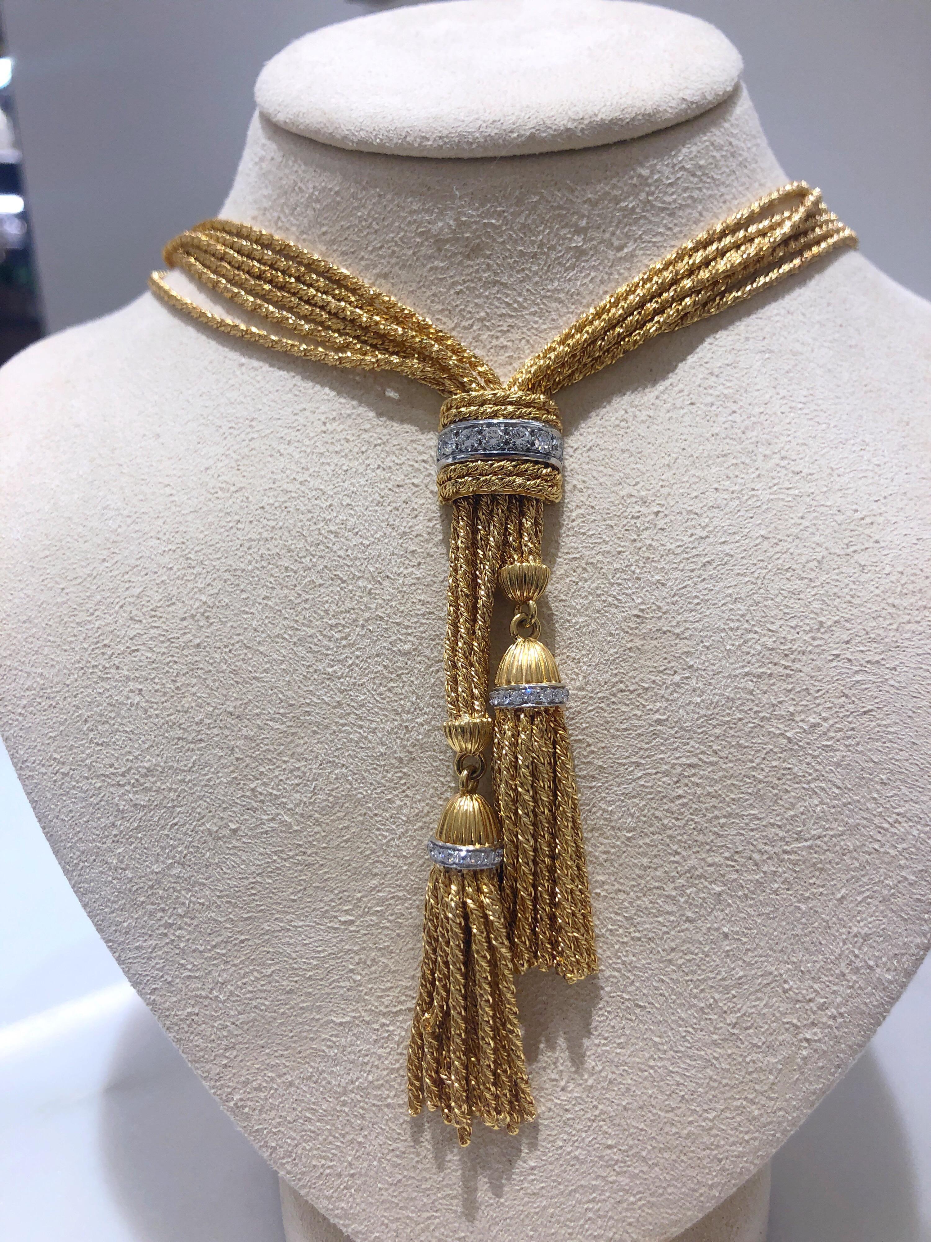 Retro Harpo's 18 Karat Yellow Gold, 110.90 Grams, and 1.16 CT Diamond Tassel Necklace