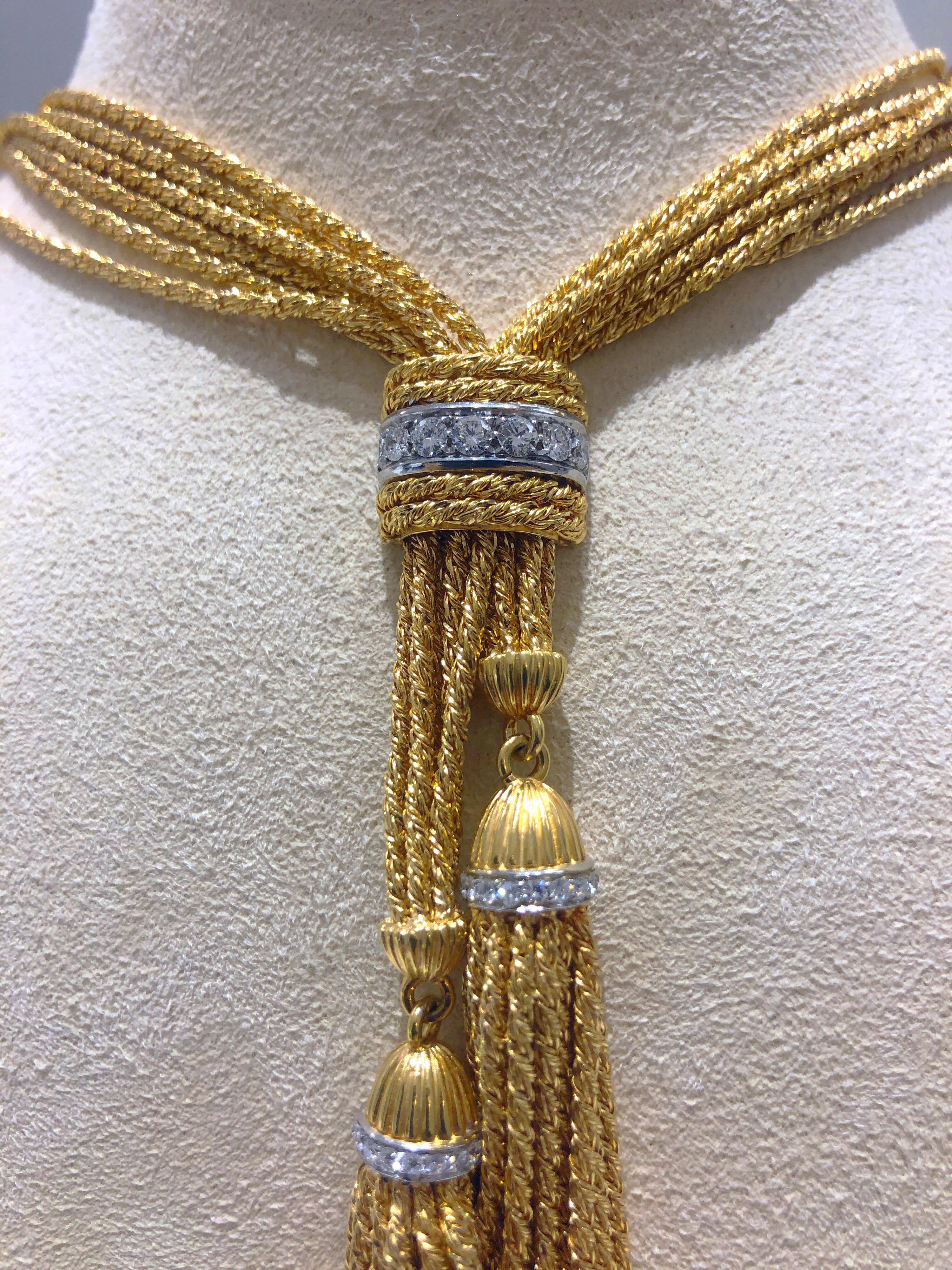 Round Cut Harpo's 18 Karat Yellow Gold, 110.90 Grams, and 1.16 CT Diamond Tassel Necklace
