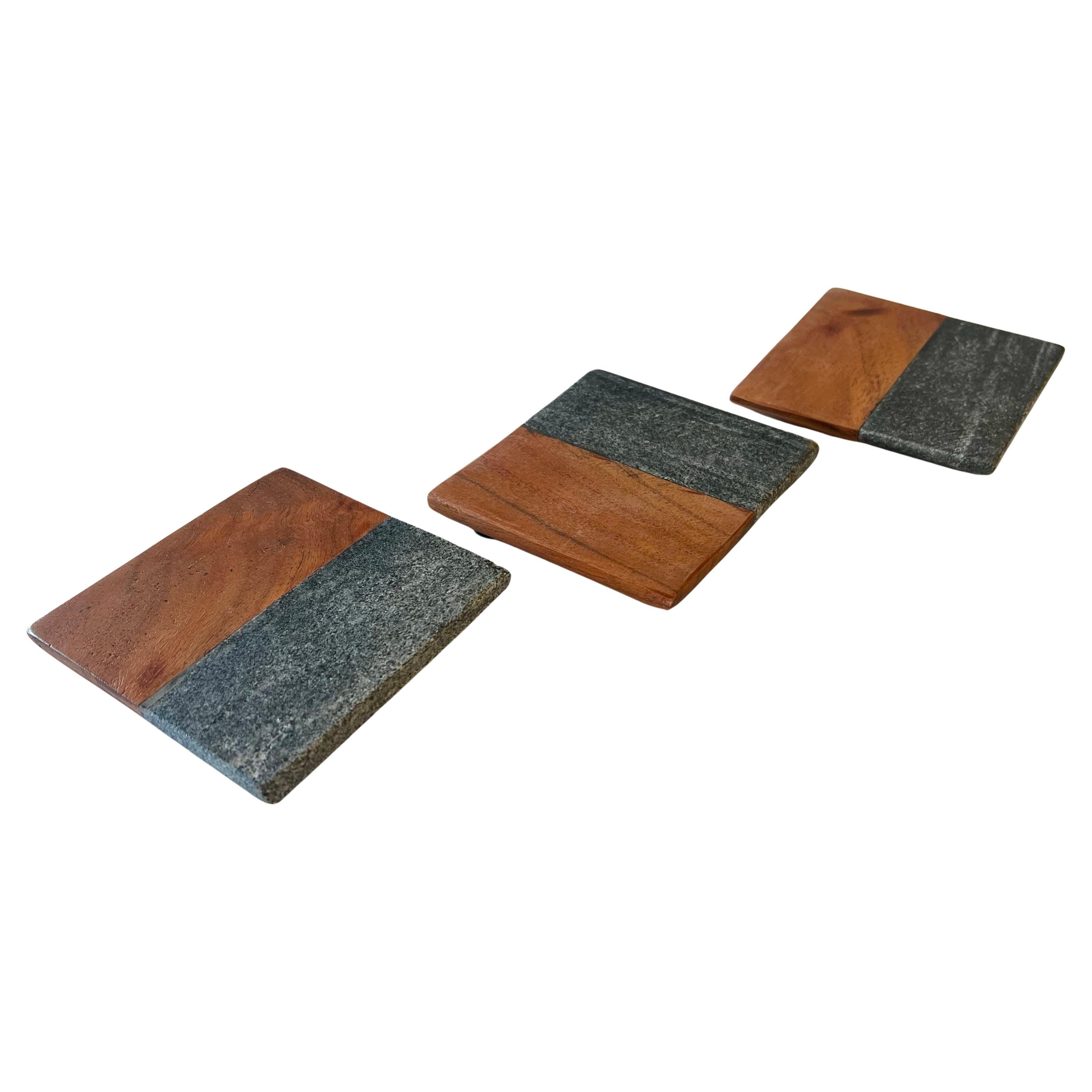 Mid-Century Modern Harpswell House Slate and Walnut set of 3 Small Appetizer Platters Coasters For Sale