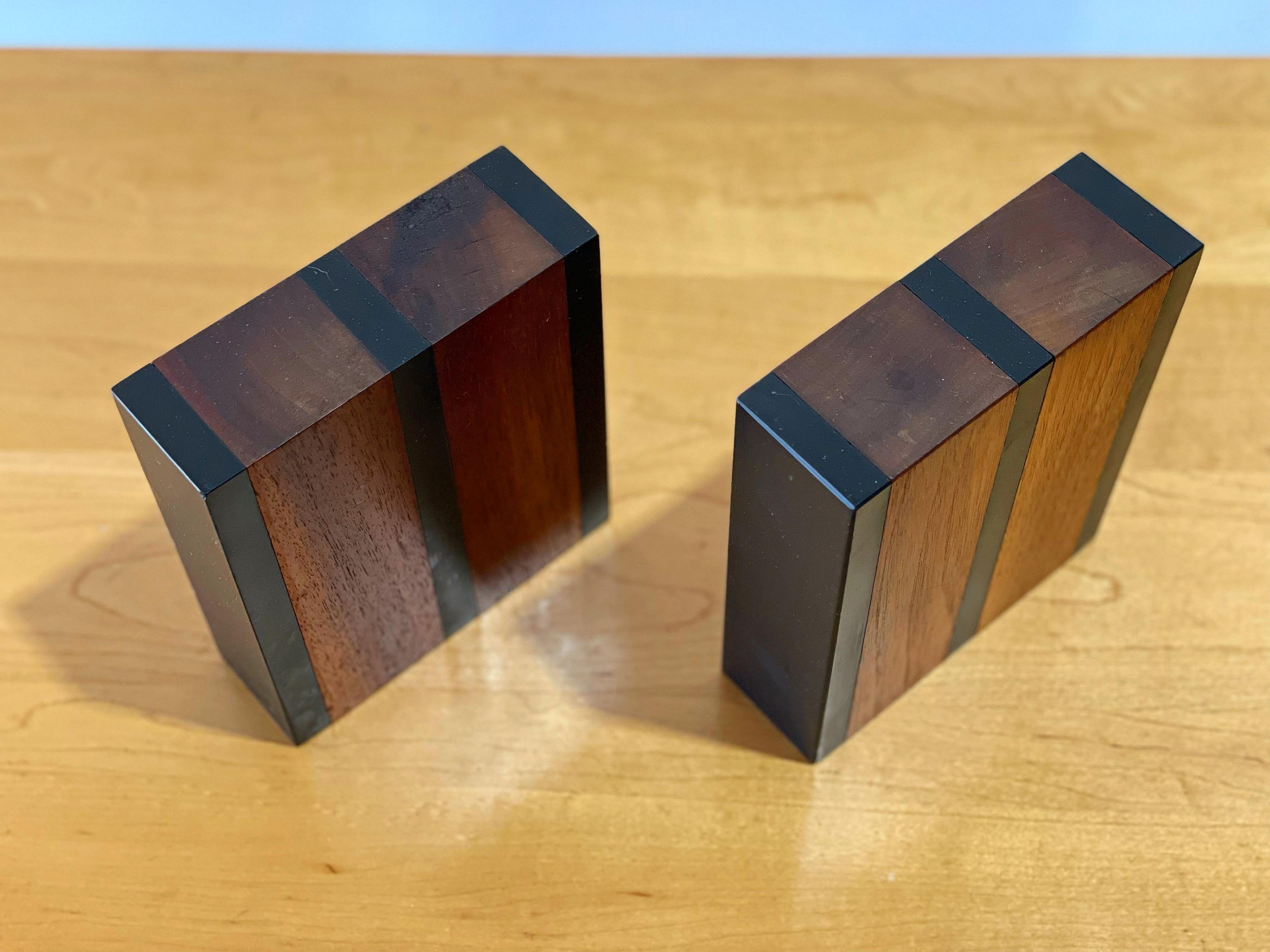 American Harpswell House Walnut and Slate Modernist Bookends, After Phillip Lloyd Powell