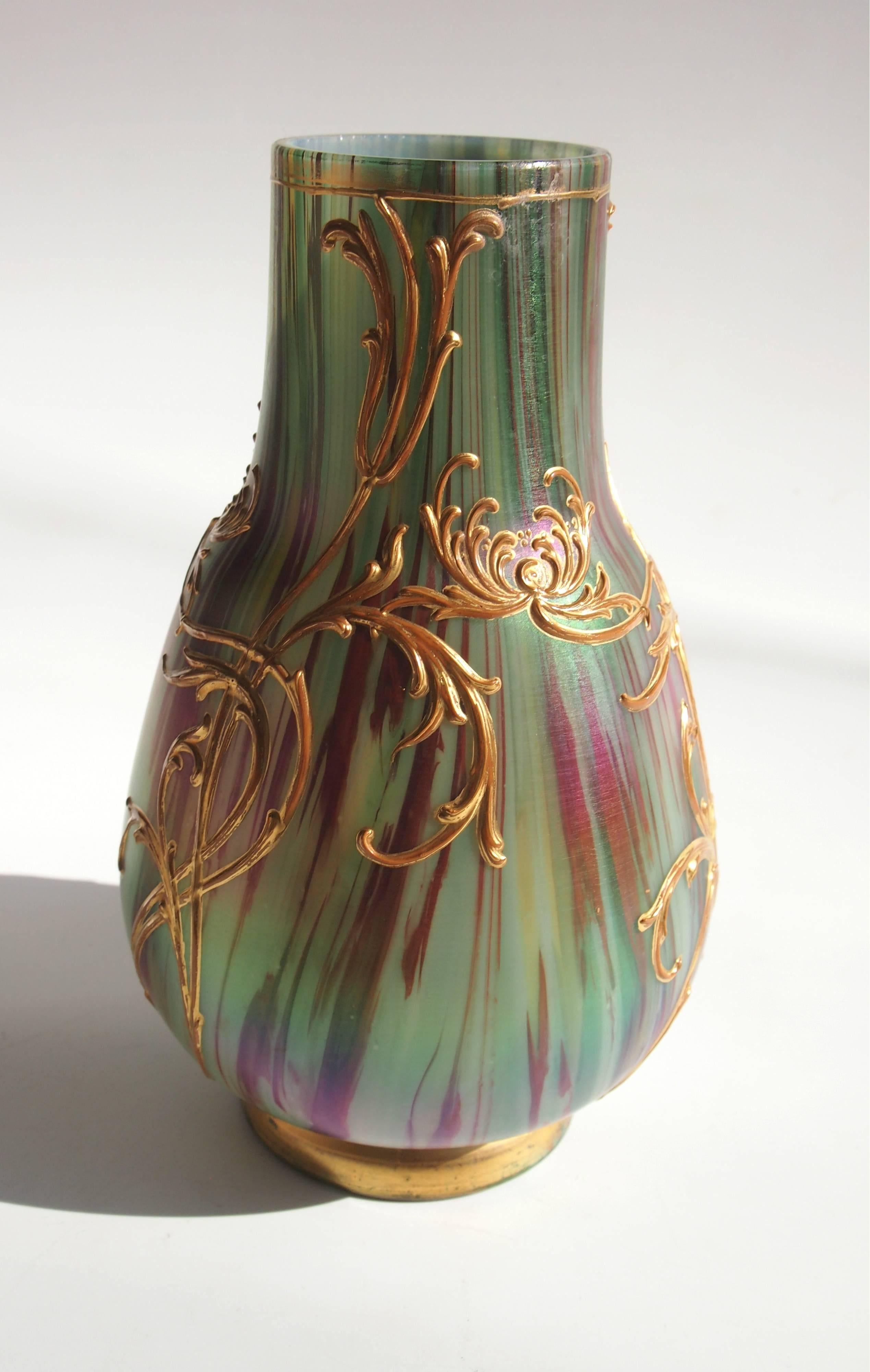 Amazing Harrach polychrome and gilded 'Jaspis' vase, by Jan Koula gilded in the Rococo revival style on polychrome glass marbled with splashes of red liver, green and greyish-yellow color -this range was first produced for the Leipzig Spring Fair in