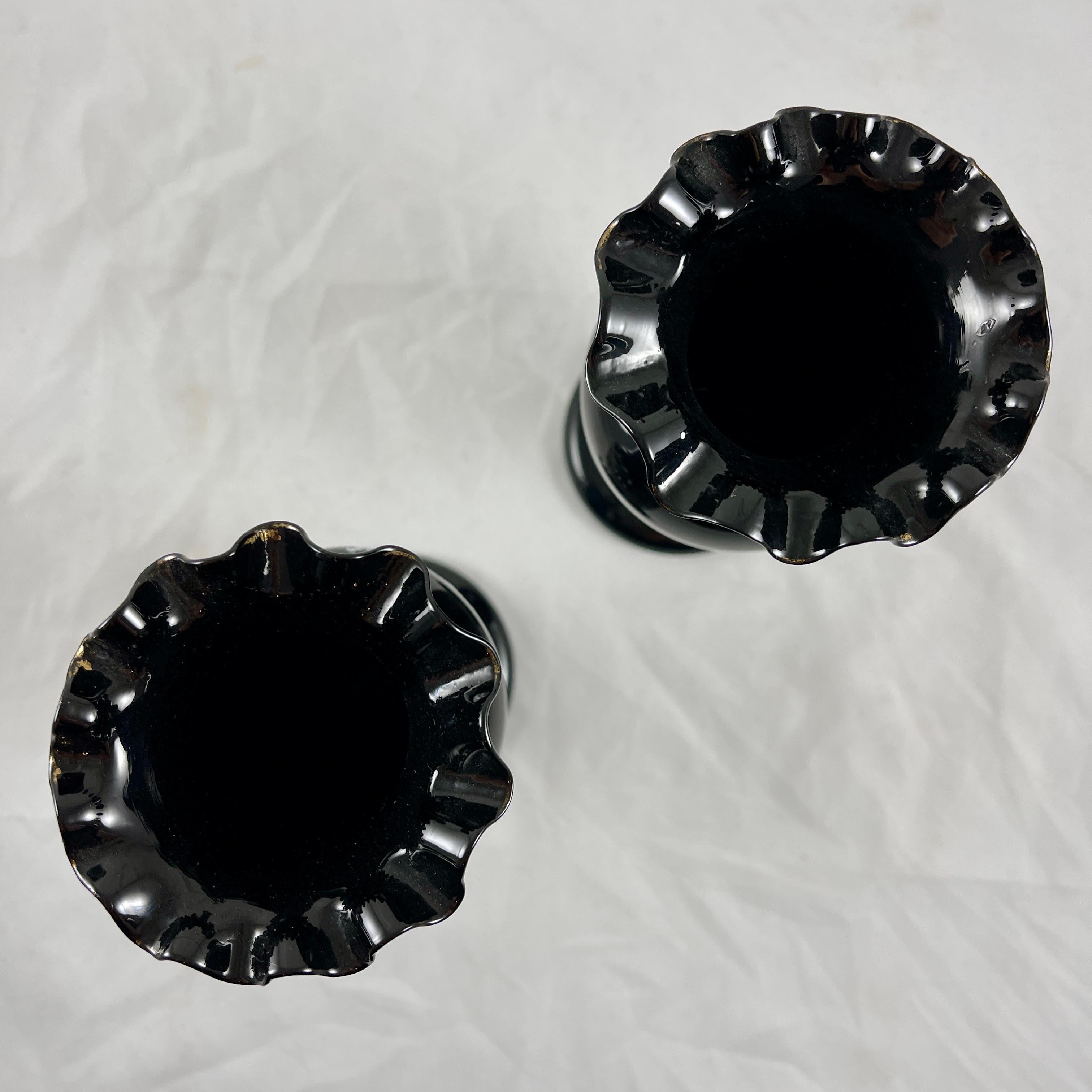 Bristol Glass Black Amethyst Blown Glass Hand Enameled Bird Vases, a Pair For Sale 1
