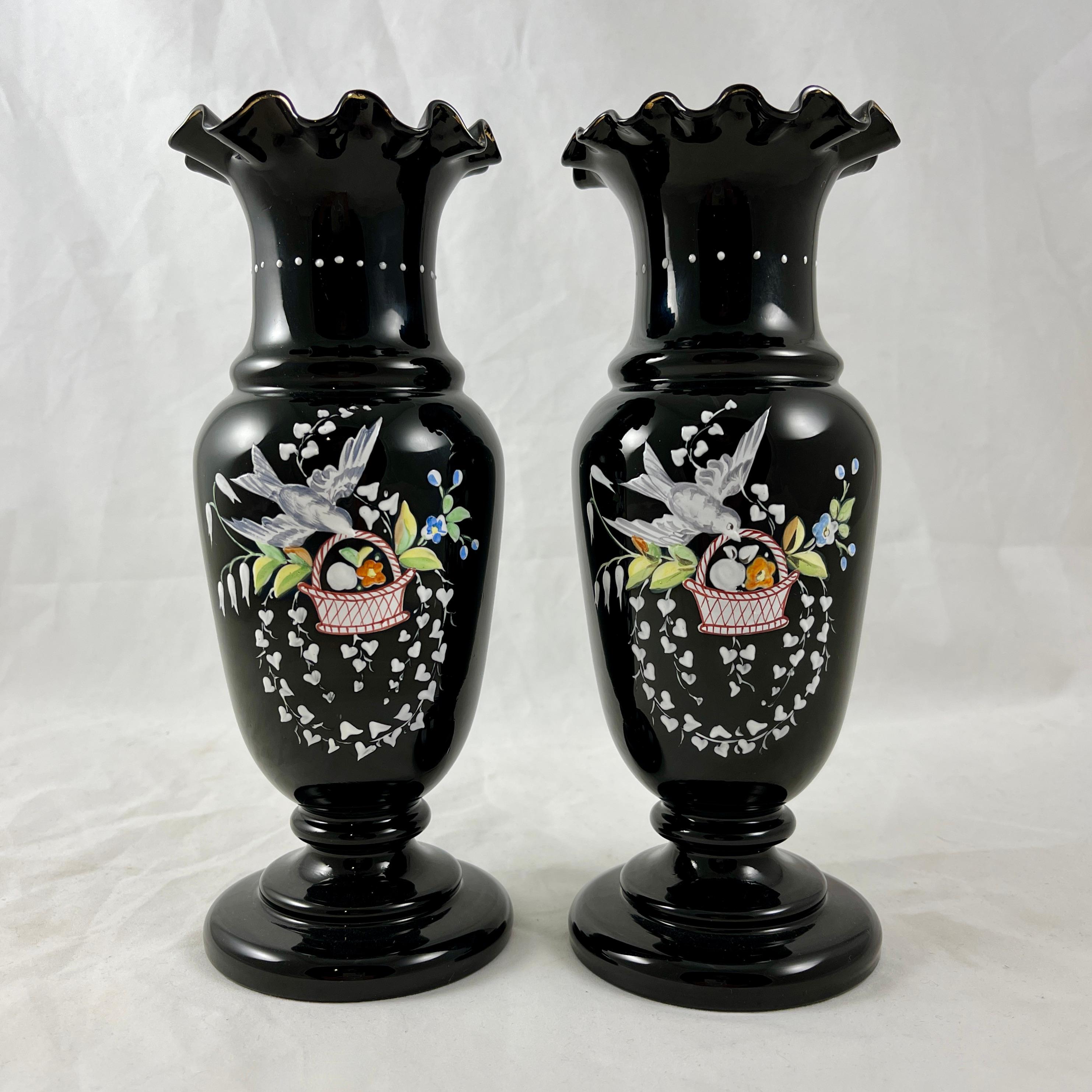 Bristol Glass Black Amethyst Blown Glass Hand Enameled Bird Vases, a Pair For Sale 3