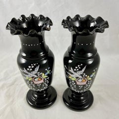 Bristol Glass Black Amethyst Blown Glass Hand Enameled Bird Vases, a Pair