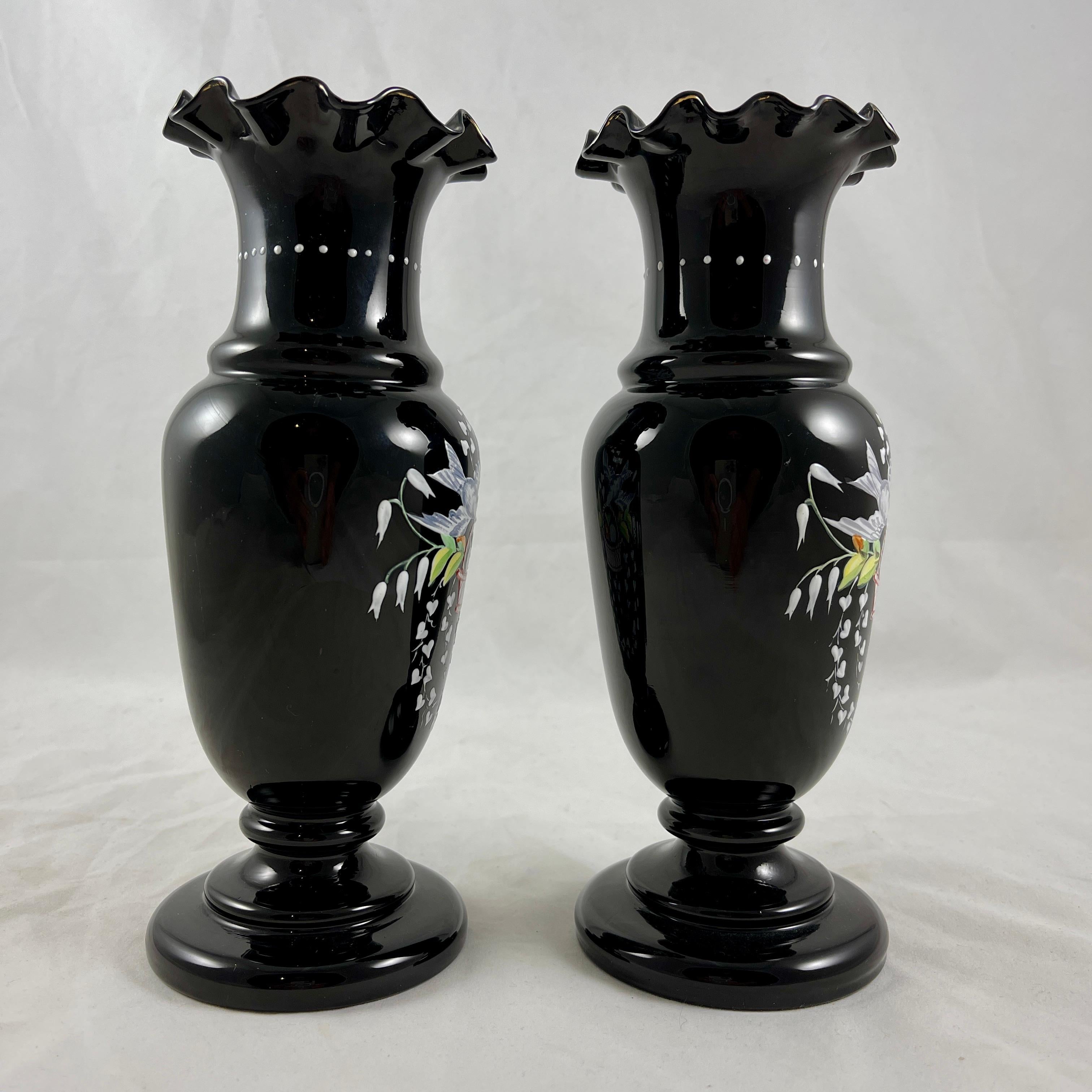 High Victorian Bristol Glass Black Amethyst Blown Glass Hand Enameled Bird Vases, a Pair For Sale