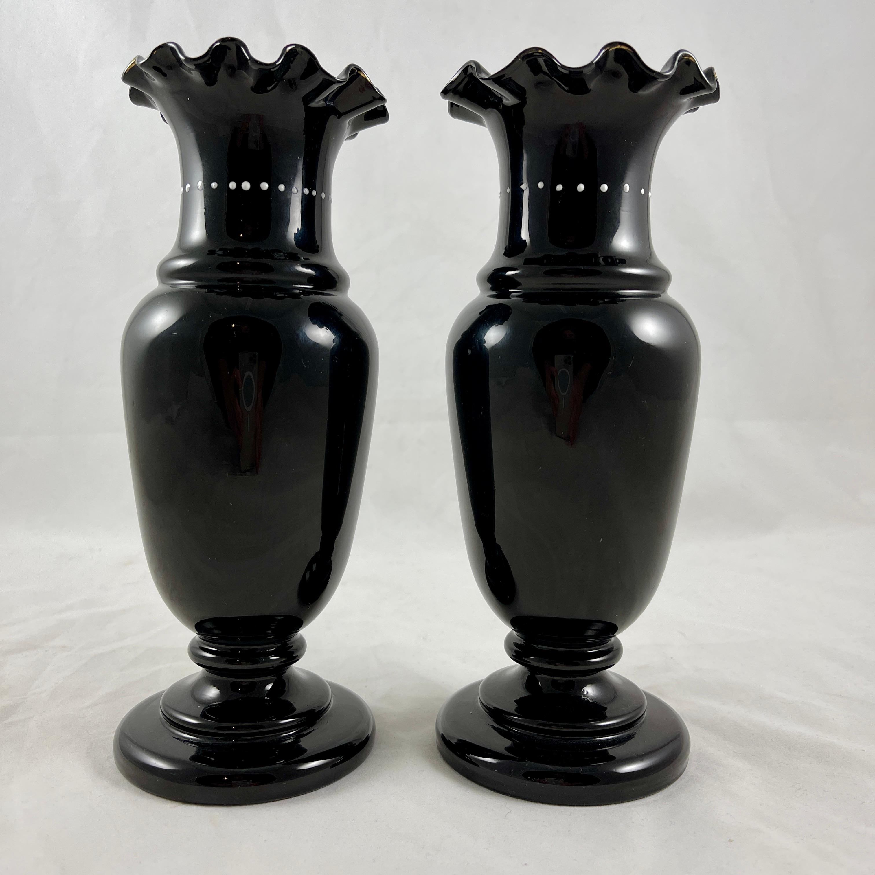 English Bristol Glass Black Amethyst Blown Glass Hand Enameled Bird Vases, a Pair For Sale
