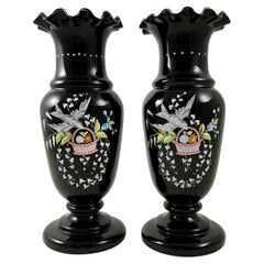 Harrach Bohemian Black Amethyst Blown Glass Hand Enameled Bird Vases, a Pair