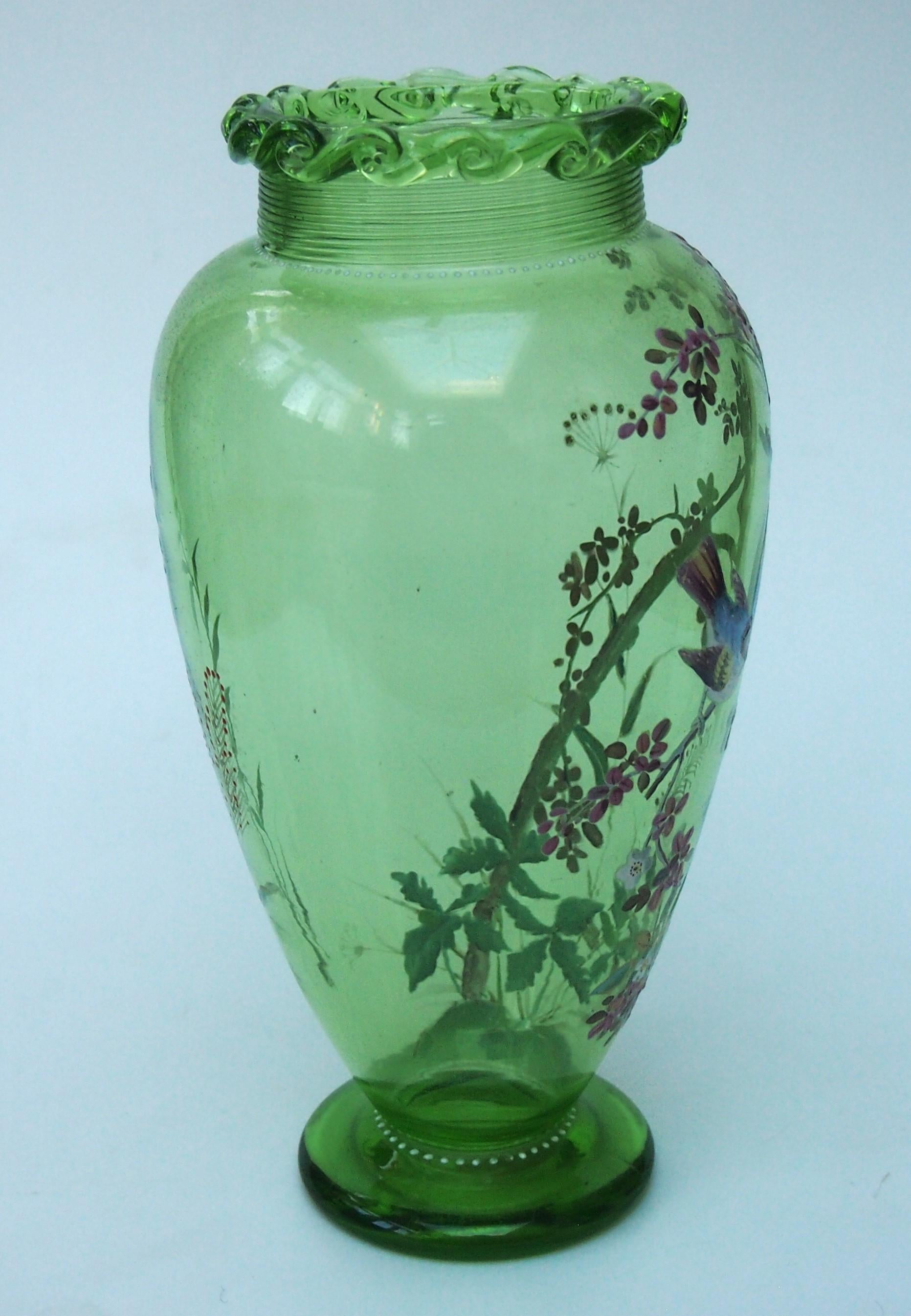 Harrach Glass Vase Decorated with Birds in Branches  c1890 In Good Condition For Sale In Worcester Park, GB