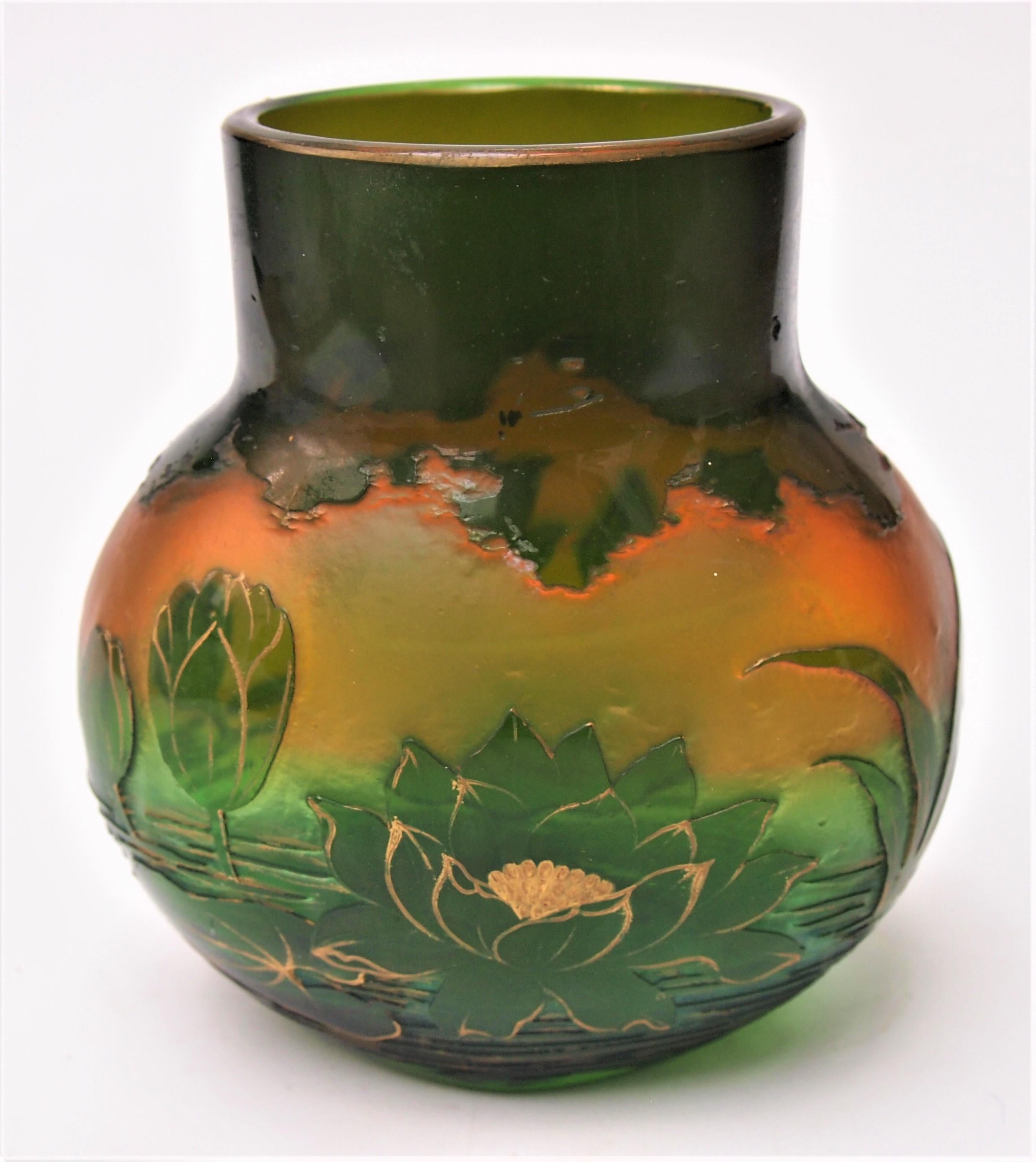 Art Nouveau Harrach Waterlily Cameo Vase green over opal orange glass gilded c1900