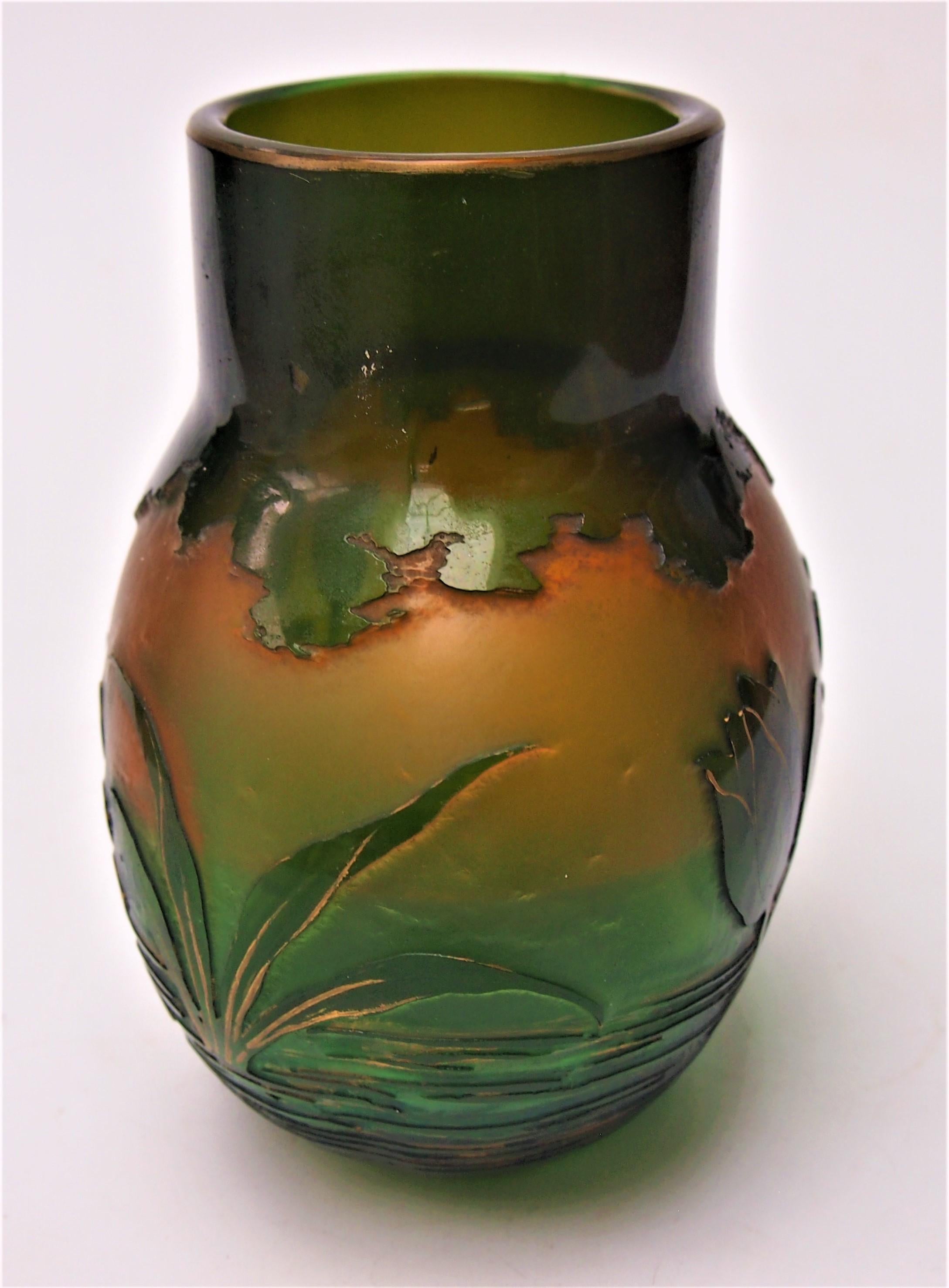 Harrach Waterlily Cameo Vase green over opal orange glass gilded c1900 In Good Condition In Worcester Park, GB
