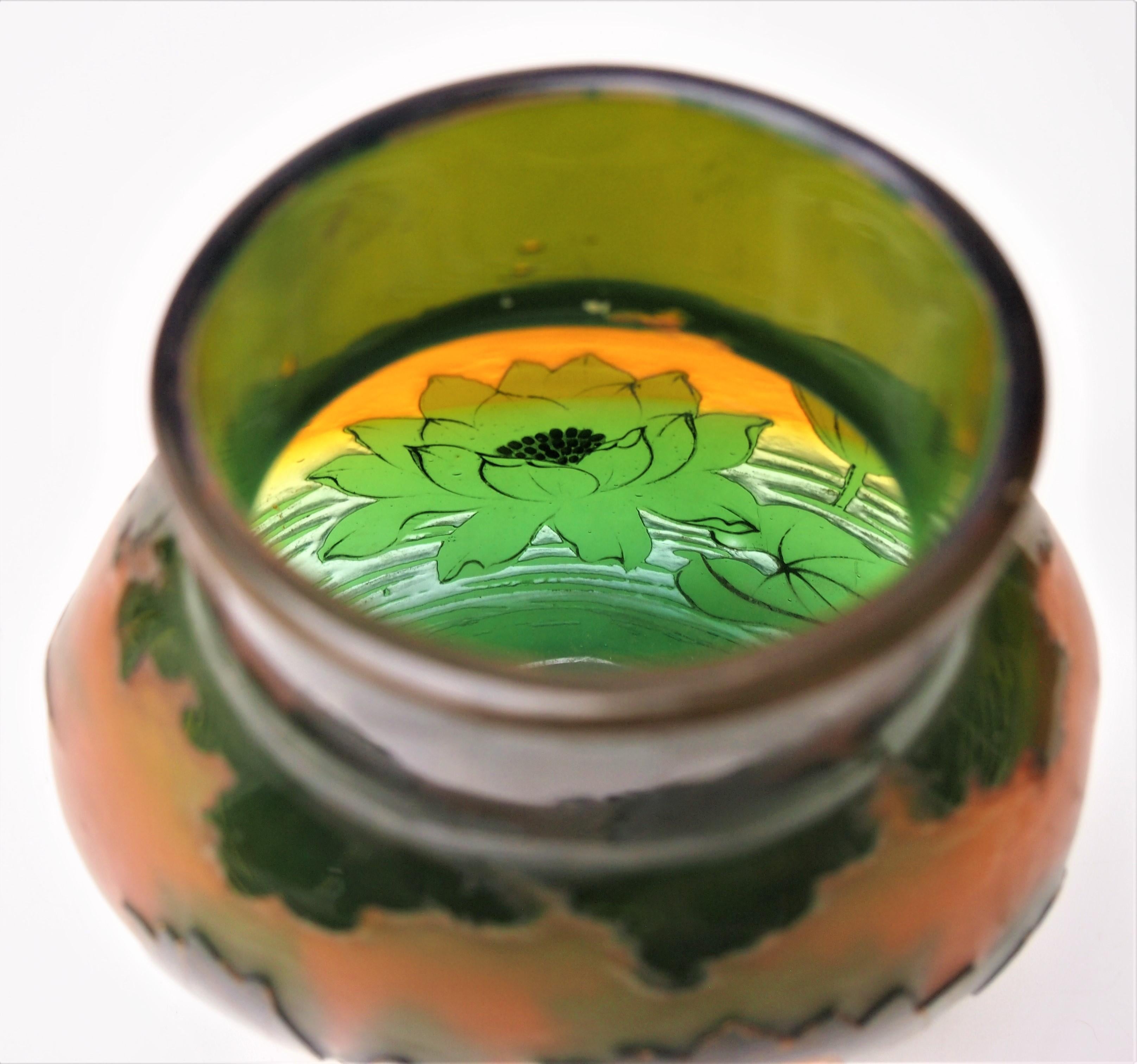 Early 20th Century Harrach Waterlily Cameo Vase green over opal orange glass gilded c1900