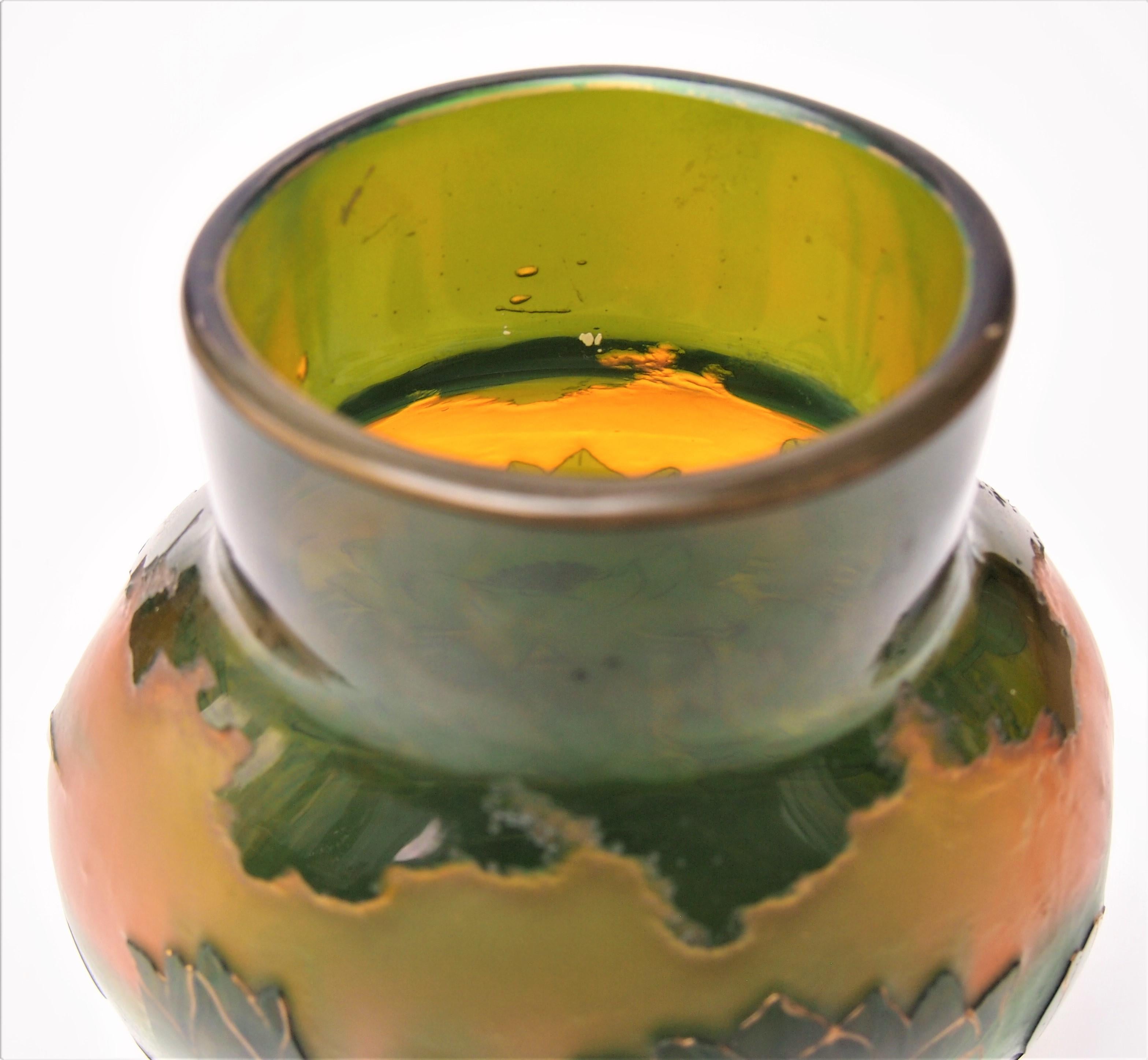 Art Glass Harrach Waterlily Cameo Vase green over opal orange glass gilded c1900