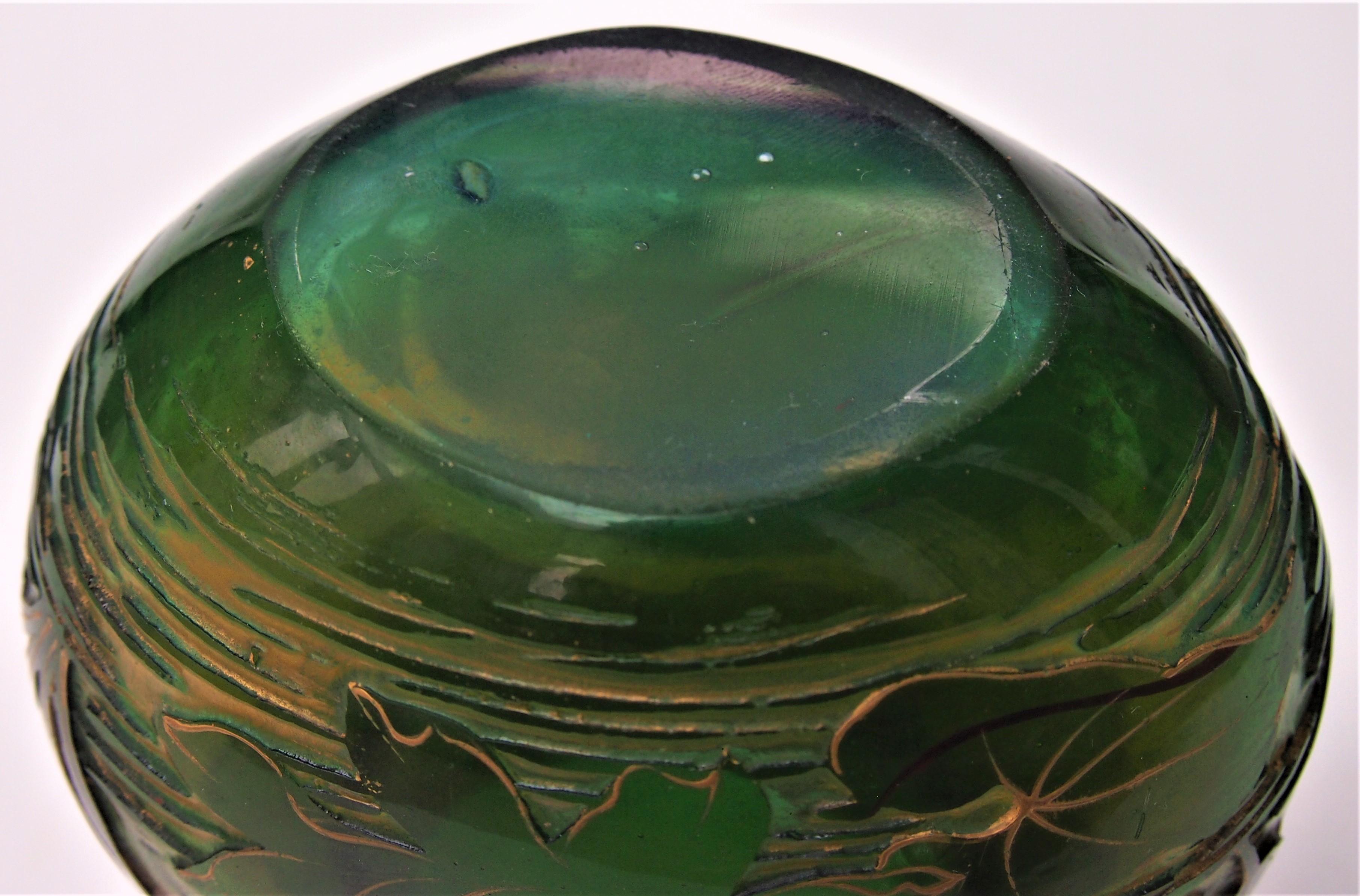 Harrach Waterlily Cameo Vase green over opal orange glass gilded c1900 1