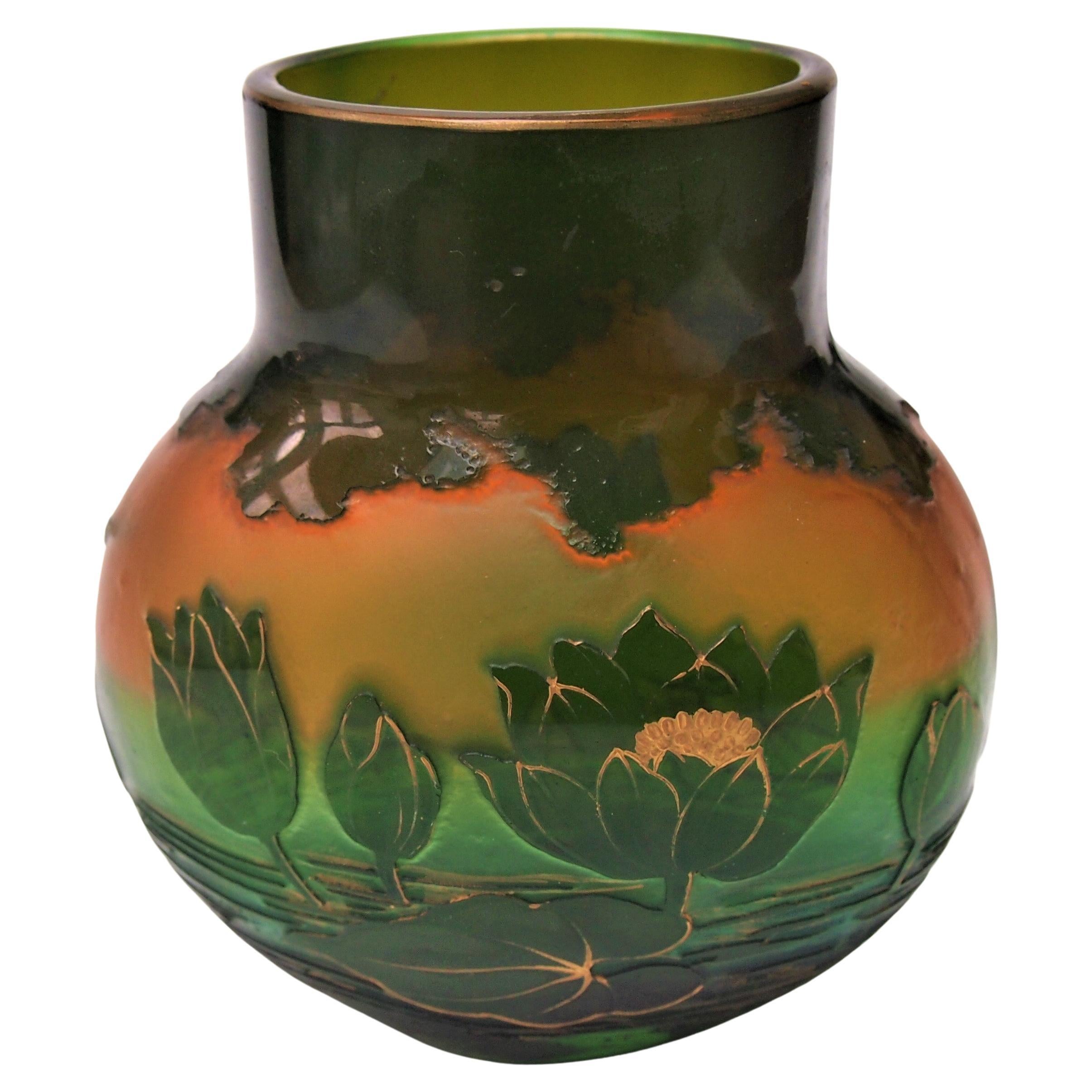 Harrach Waterlily Cameo Vase green over opal orange glass gilded c1900