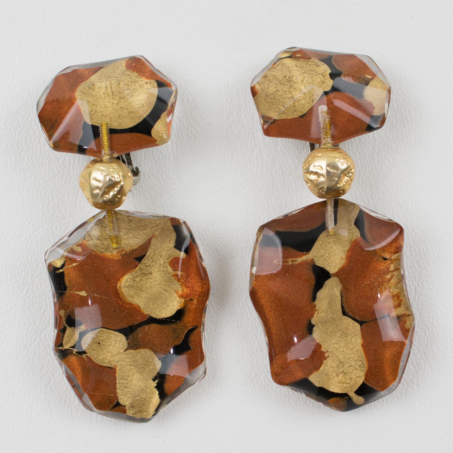 Modernist Harriet Bauknight for Kaso Dangle Lucite Clip Earrings Bronze & Copper Inclusion