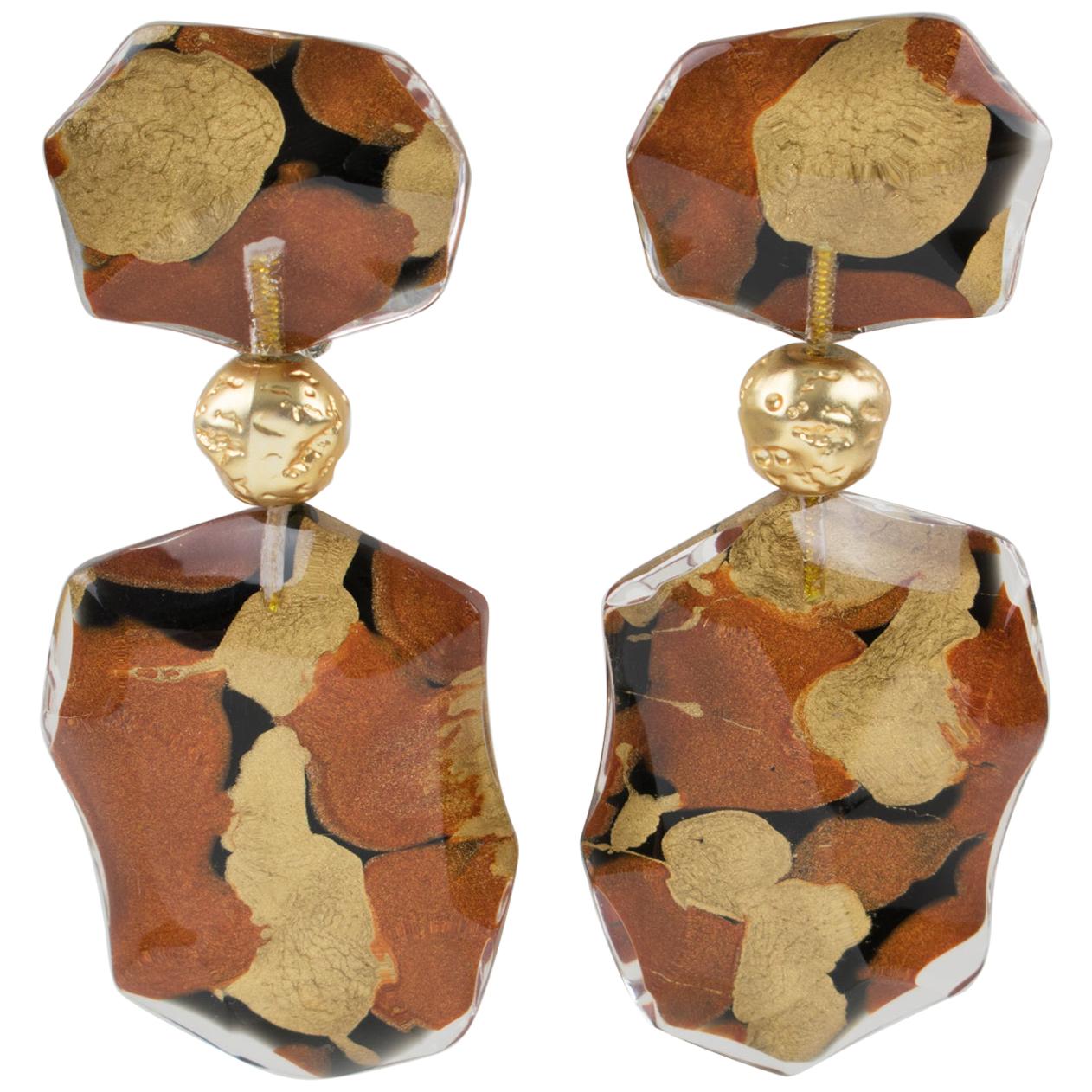 Harriet Bauknight for Kaso Dangle Lucite Clip Earrings Bronze & Copper Inclusion
