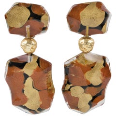 Harriet Bauknight for Kaso Dangle Lucite Clip Earrings Bronze & Copper Inclusion