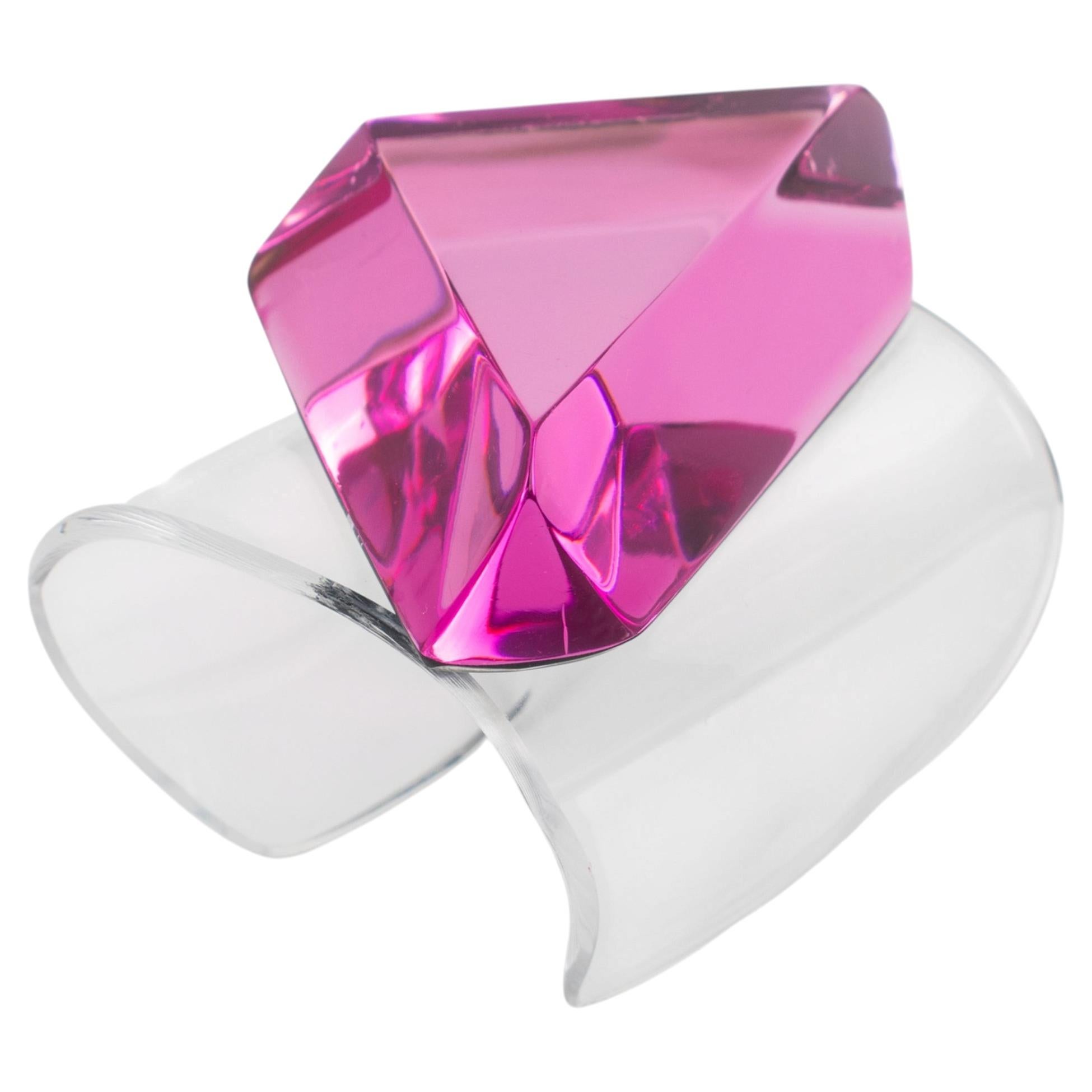 Harriet Bauknight for Kaso Pink Acrylic Lucite Geometric Cuff Bracelet Bangle
