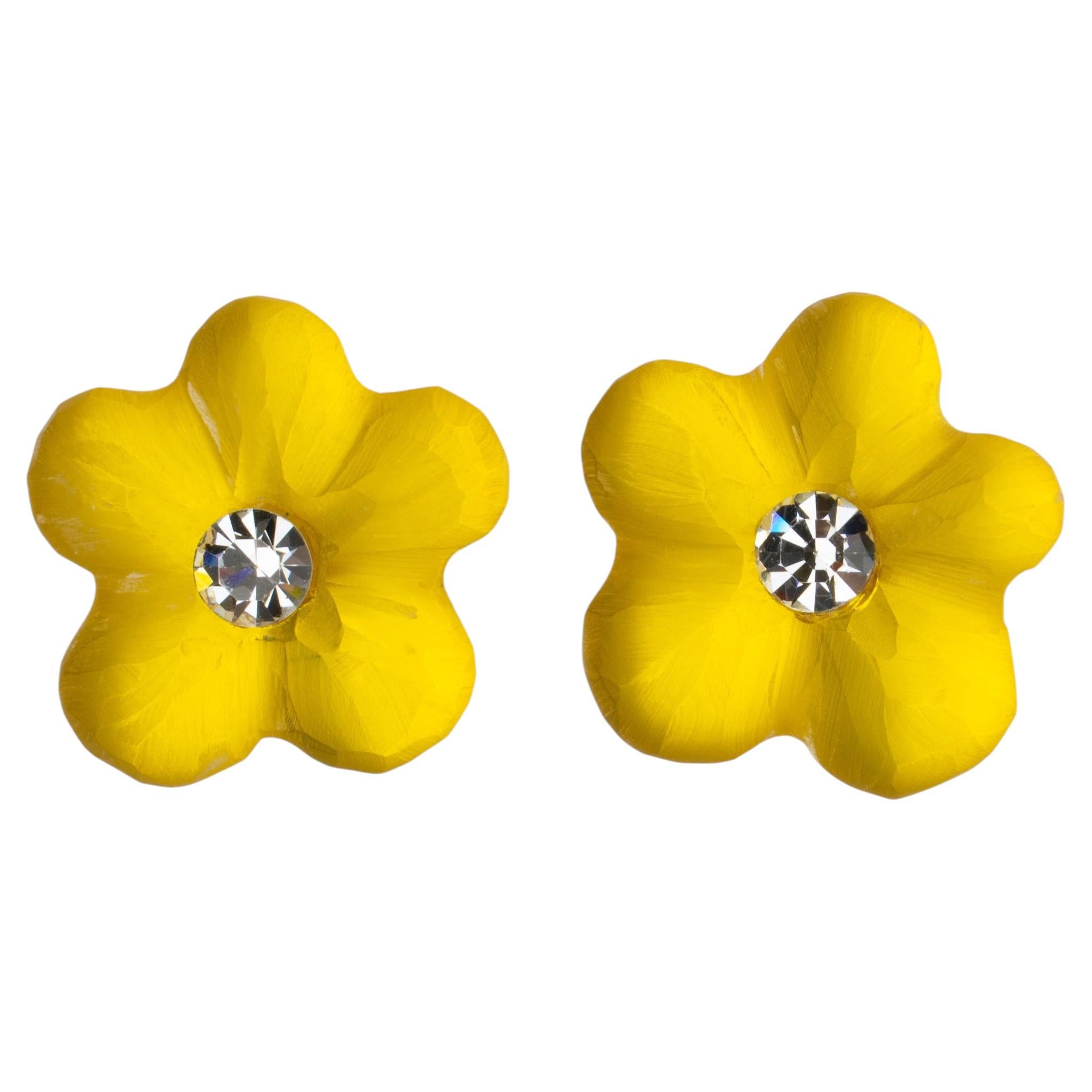 Harriet Bauknight for Kaso Yellow Floral Carved Resin Clip Earrings