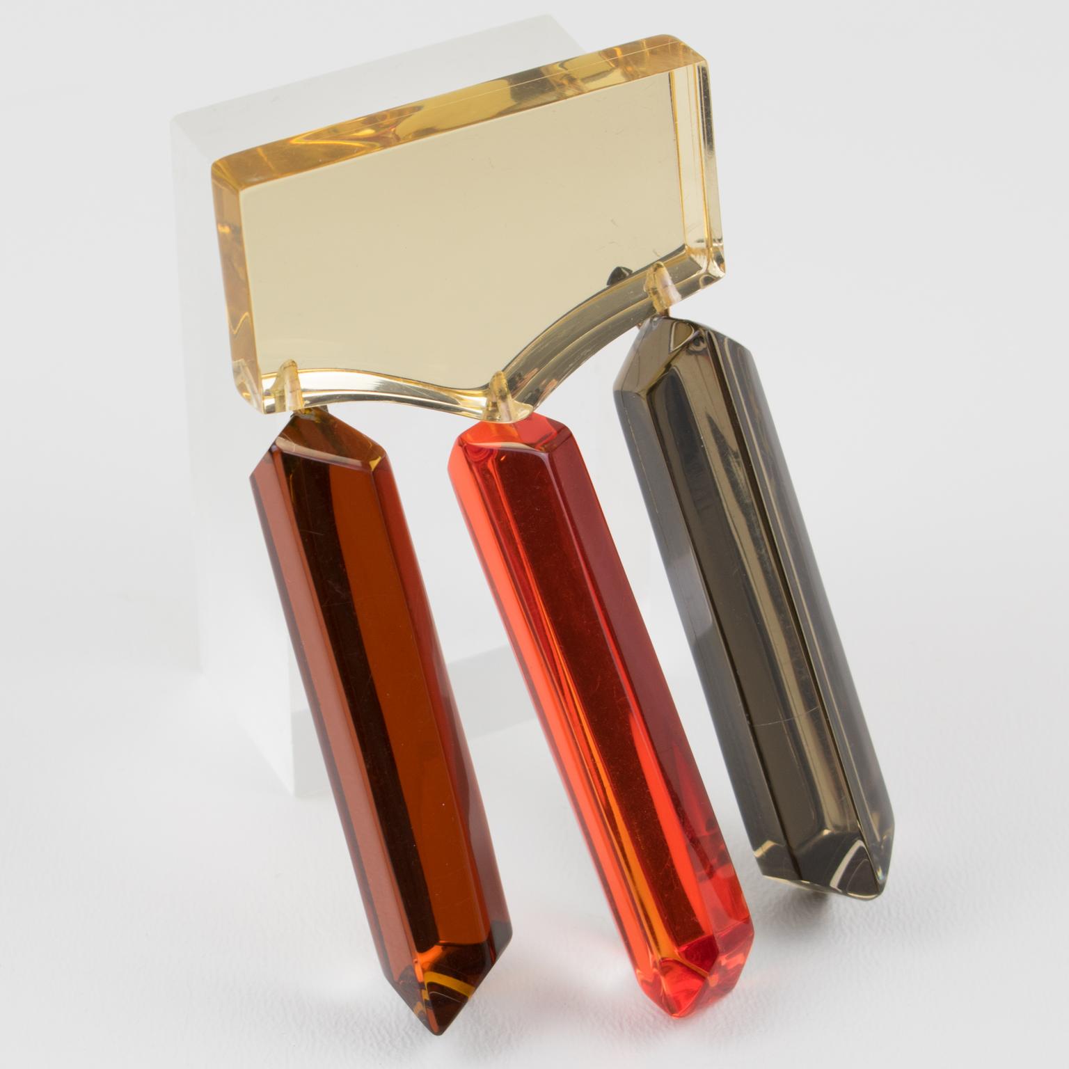 Modernist Harriet Bauknight for Kaso Yellow, Orange and Brown Acrylic Lucite Dangle Brooch For Sale