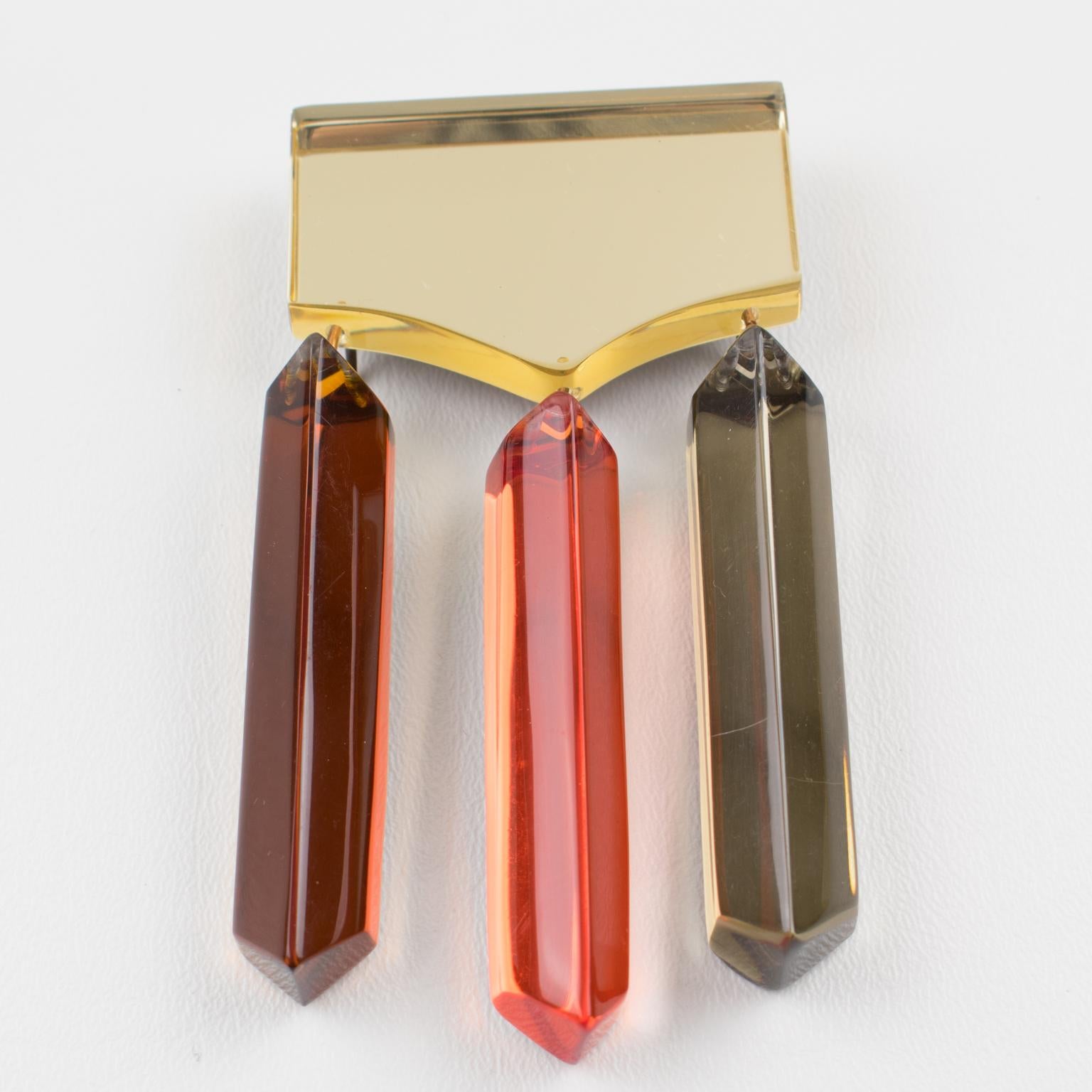 Women's or Men's Harriet Bauknight for Kaso Yellow, Orange and Brown Acrylic Lucite Dangle Brooch For Sale