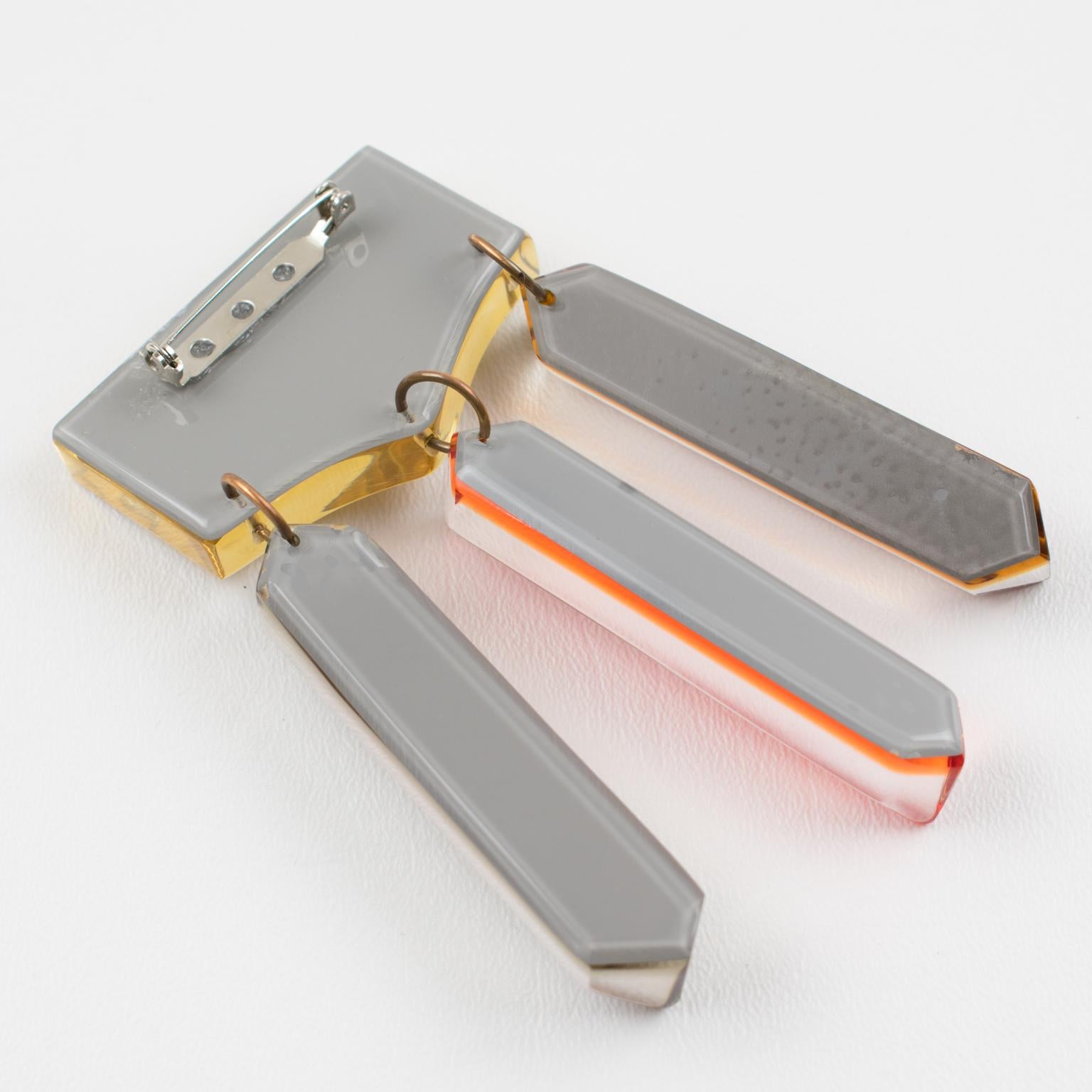 Harriet Bauknight for Kaso Yellow, Orange and Brown Acrylic Lucite Dangle Brooch For Sale 1
