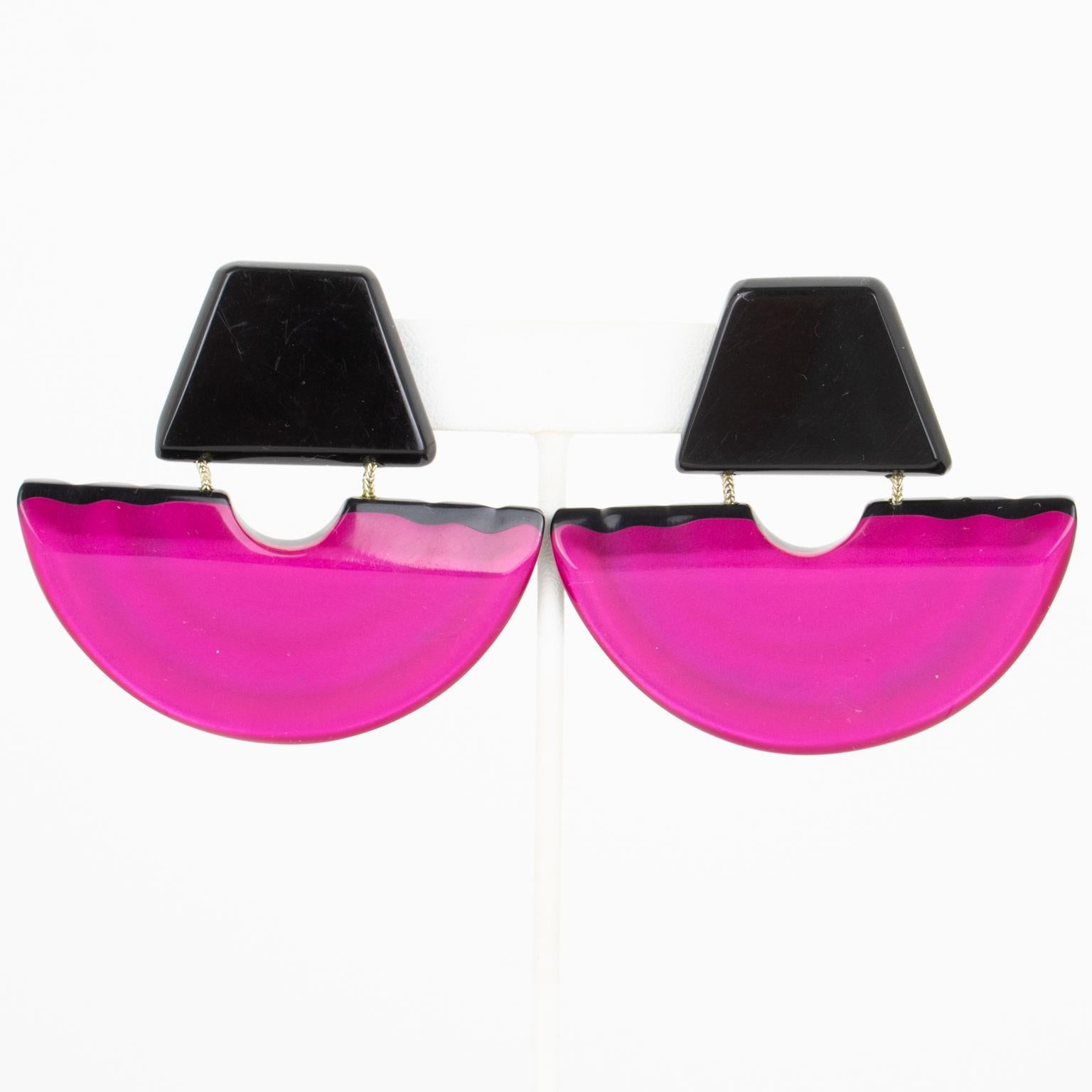 Harriet Bauknight by Kaso Fuchsia Dangle Clip Earrings For Sale 1