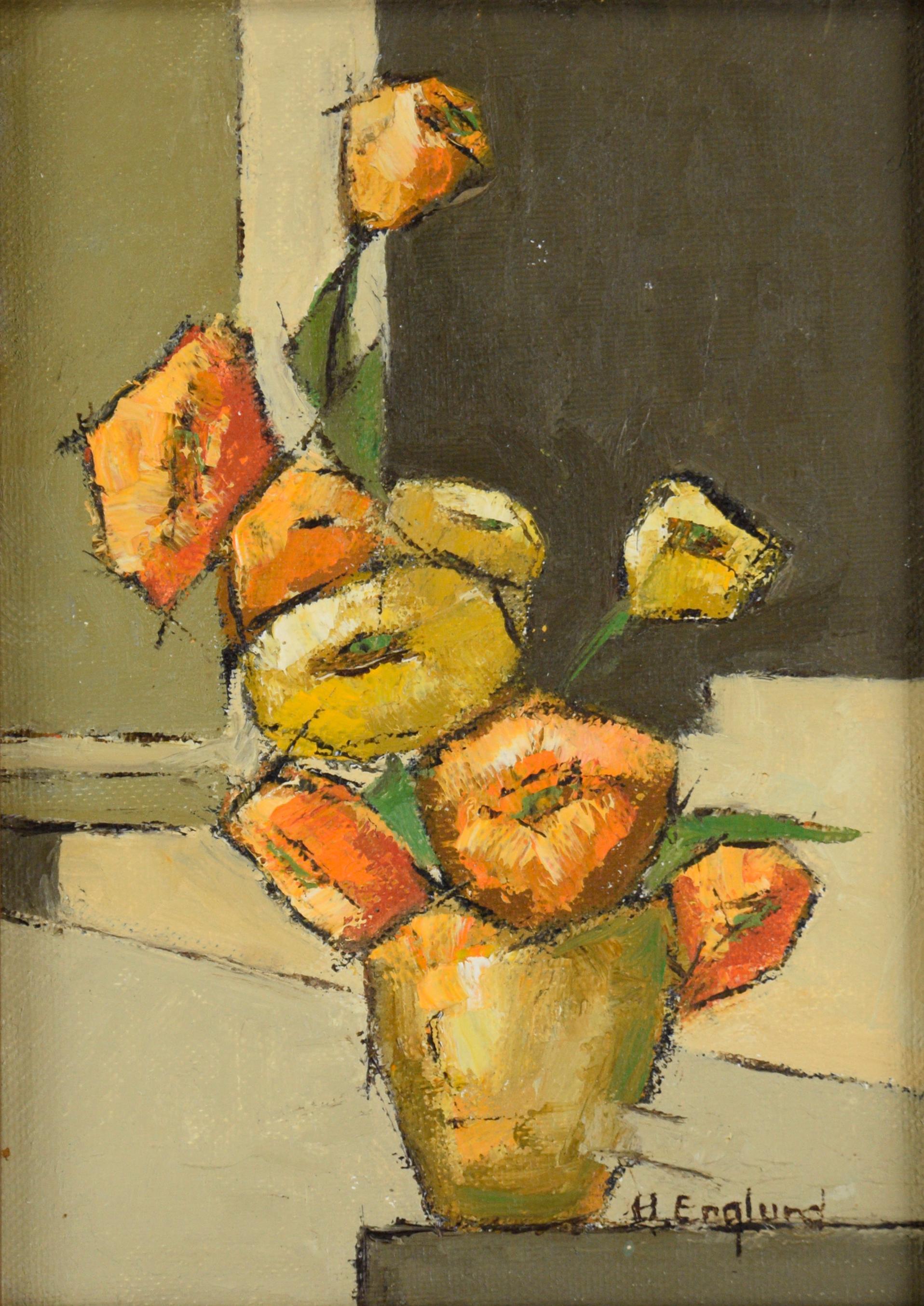 Yellow and Orange Poppies - Still Life in Oil on Artist's Board - Painting by Harriet Englund