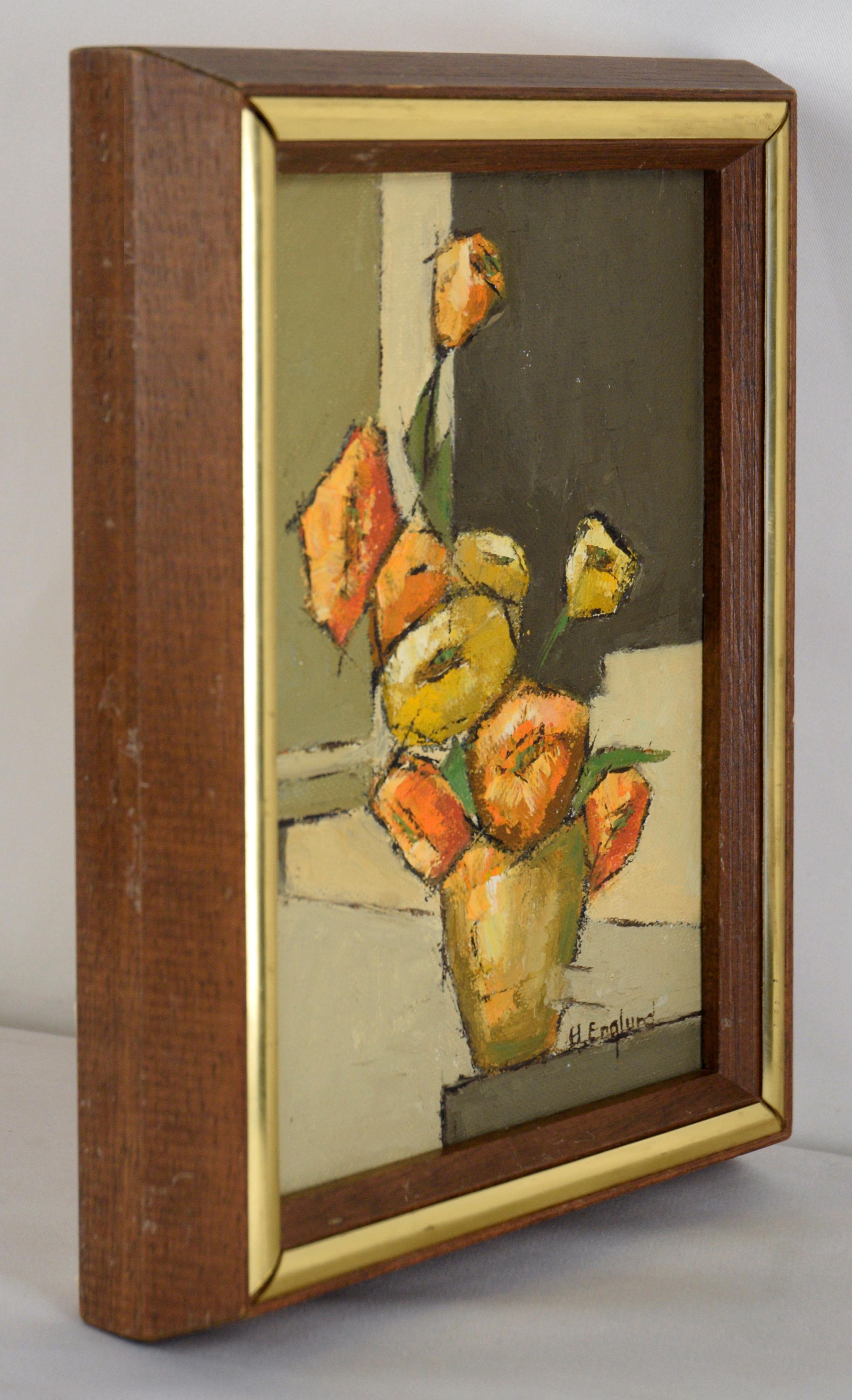 Delightful mid century modern still life by California artist Harriet Englund (American, 20th Century). several yellow and orange poppies sit in a brass vase. The interior is minimalist, with a clean linear style. The flowers are slightly