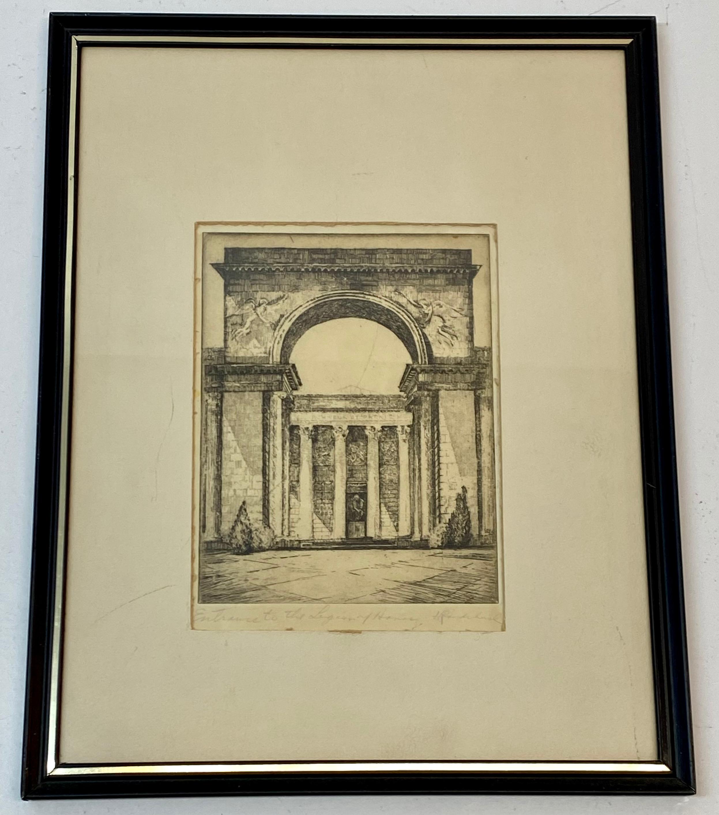 Harriet Gene Roudebush  Landscape Print - Harriet Roudebush "Legion of Honor" Original Etching C.1930