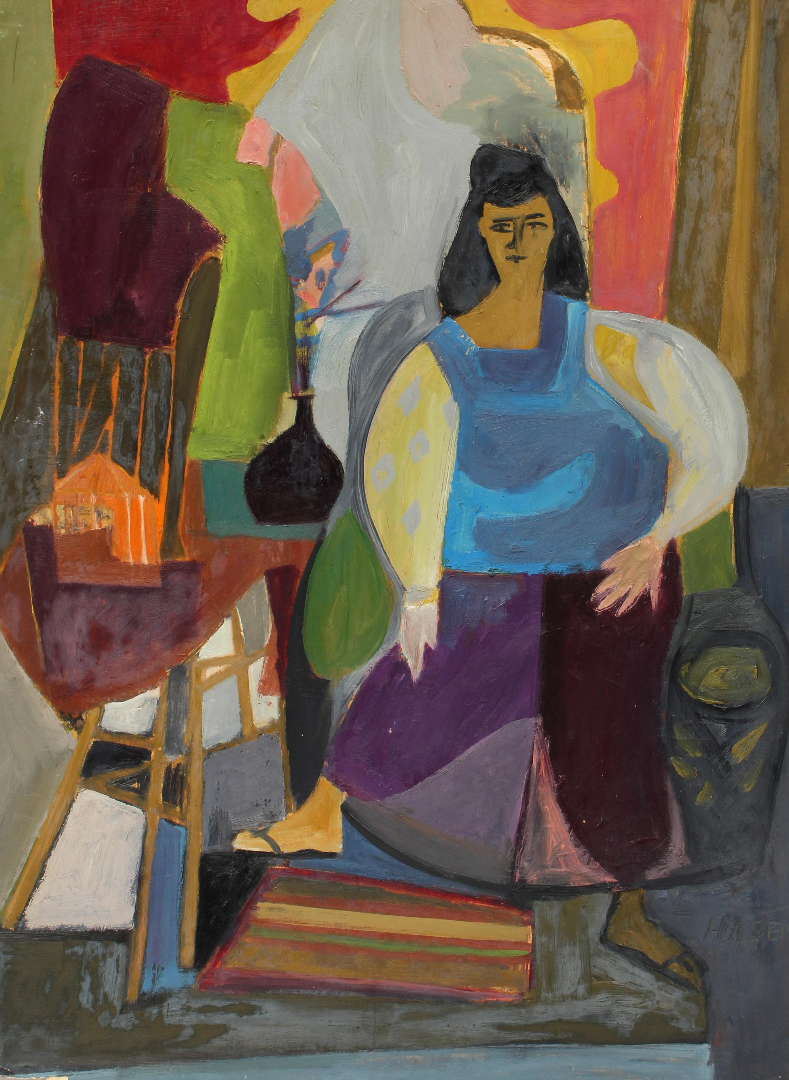 Harriet Holden Nash Figurative Painting - 1940's Abstract Modernist Charming Figural Interior Portrait Painting New York