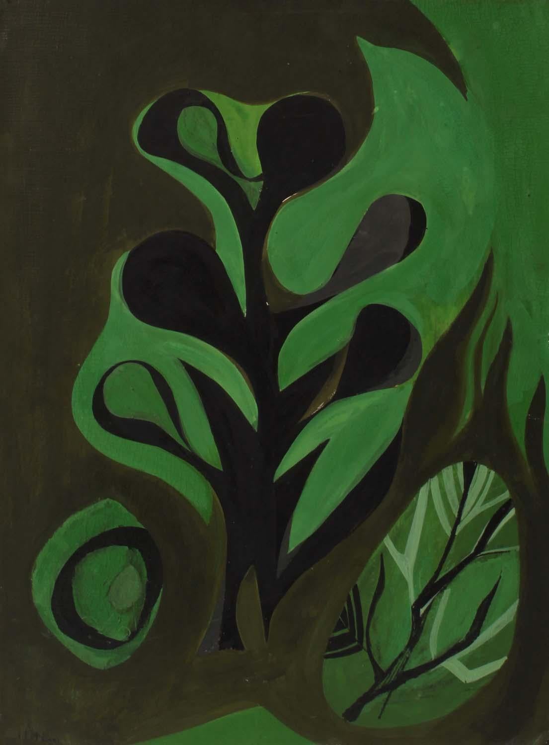 Abstract Painting de Harriet Holden Nash - Harriet Nash, Gouache sobre tabla, Pintura abstracta, Circa 1950, Verde y negro