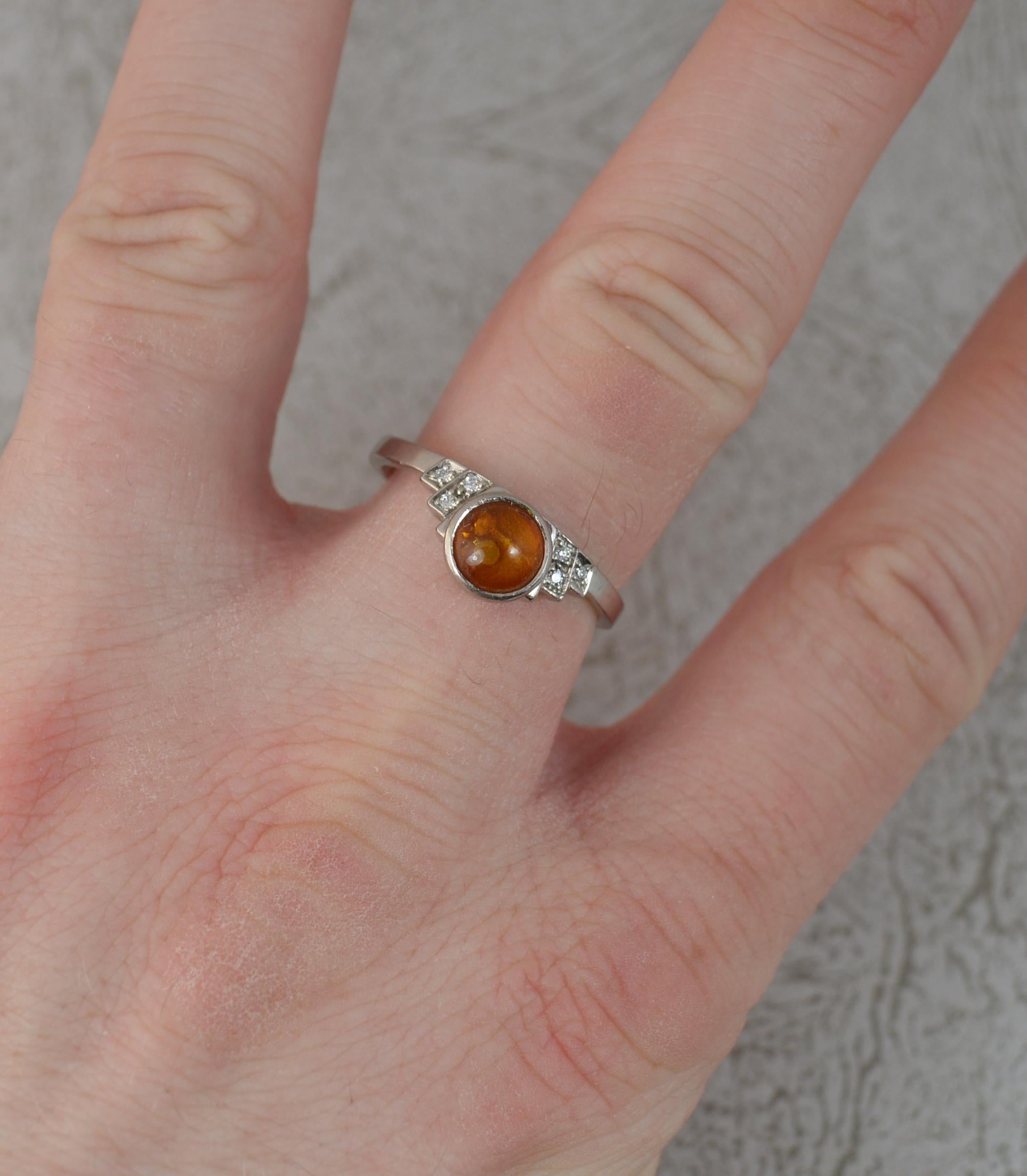 Harriet Kelsall Bespoke Platinum Amber and Diamond Art Deco Design Ring in Box In Excellent Condition For Sale In St Helens, GB