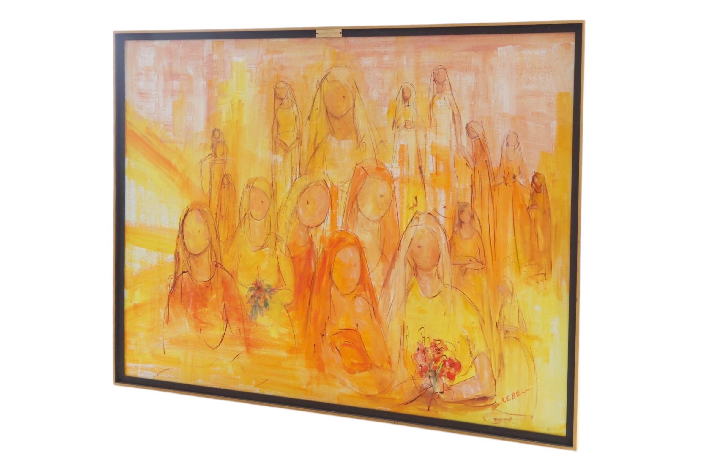Un original acrílico abstracto expresionista figurativo sobre lienzo de la galardonada artista cotizada Harriet LeBell. Varias figuras femeninas están reunidas, algunas con ramos de flores, sobre un fondo amarillo cálido y atrevido.

