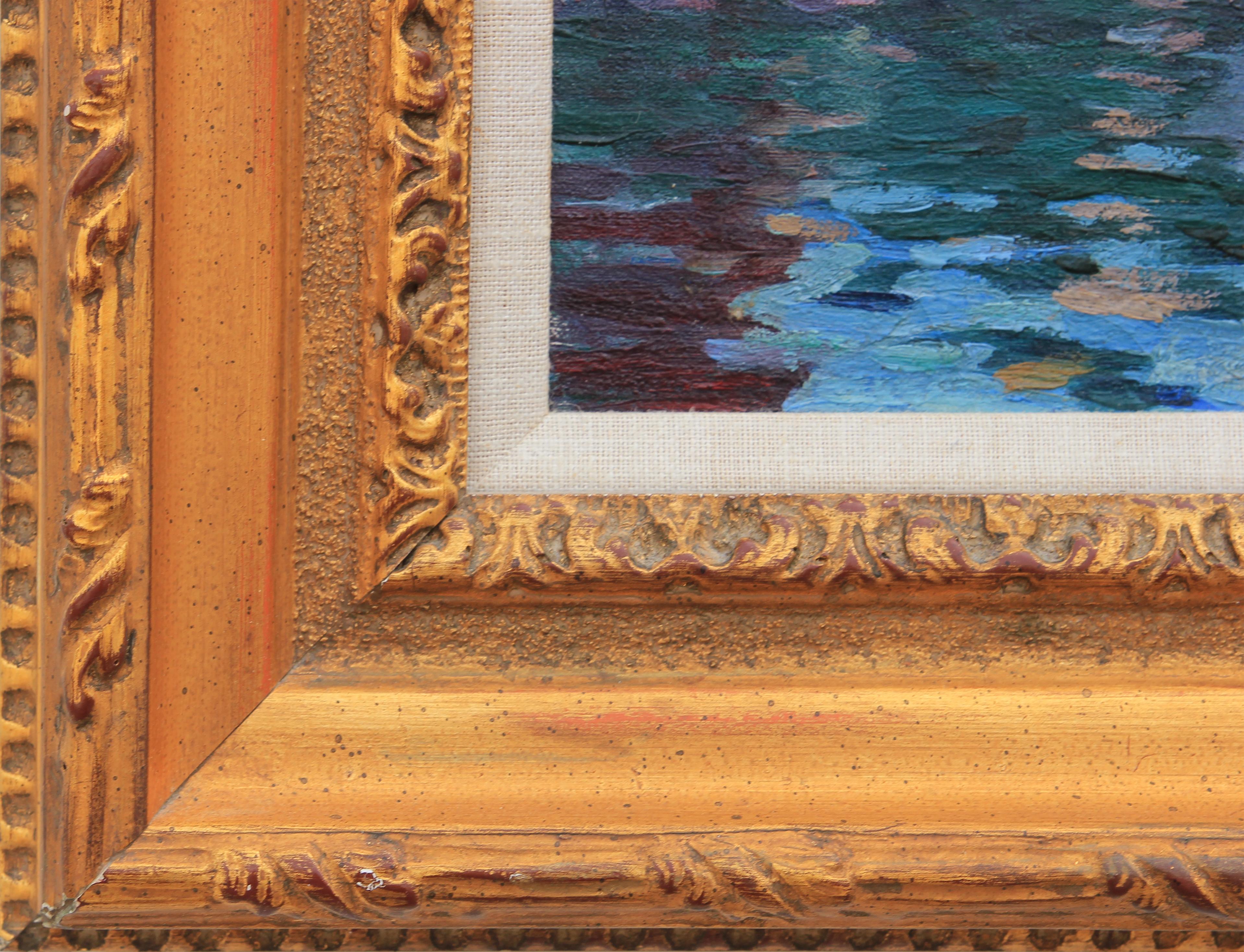 Peinture à l'huile impressionniste d'un bateau assis au quai par Harriet Randall Lumis. 
Une pièce parfaite pour votre maison de bord de mer/de plage ! Le tableau est encadré et porte le nom de l'artiste et le titre de l'œuvre.

Dimensions sans