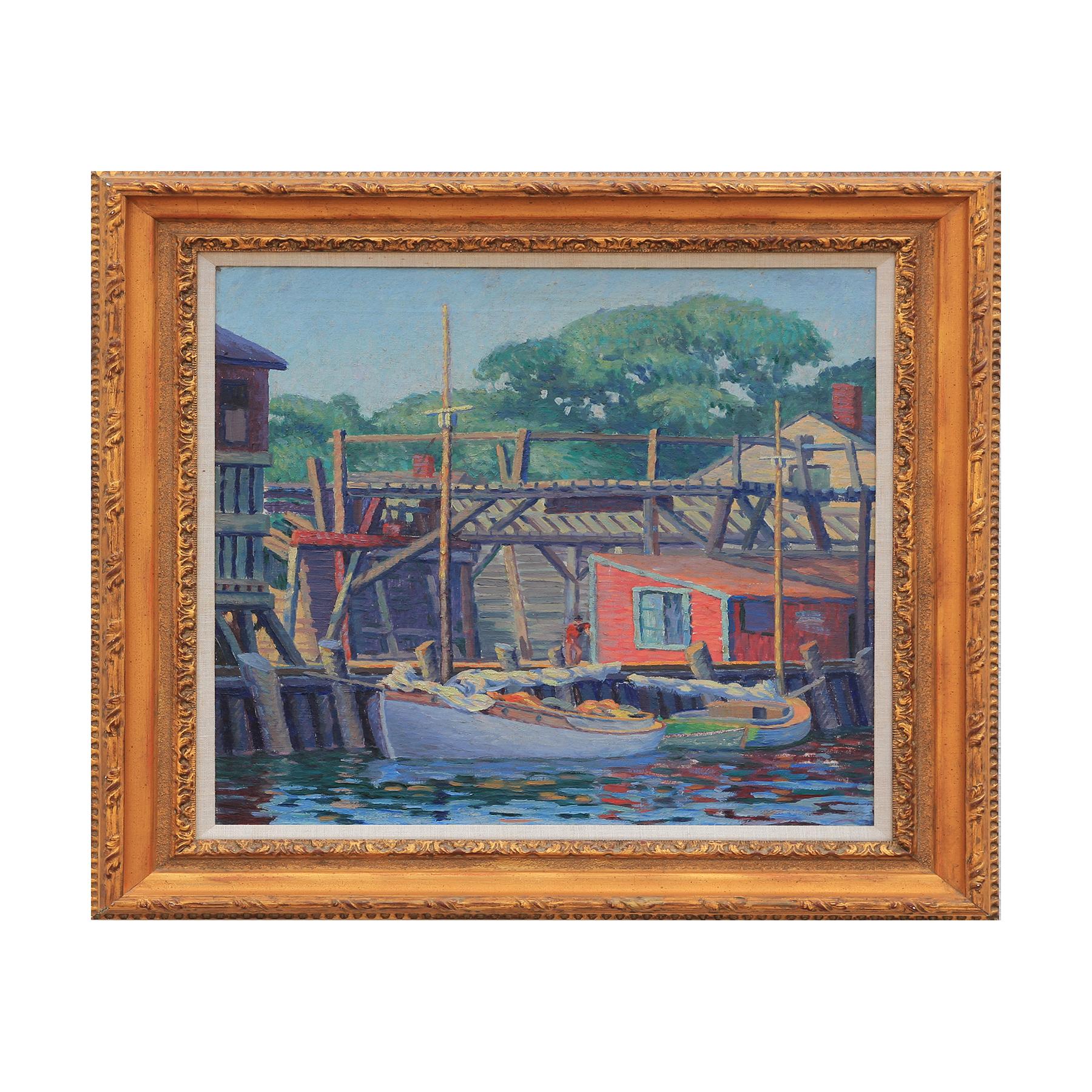 Harriet Randall Lumis Abstract Painting - "Gloucester Docks" Impressionist Boat Seascape