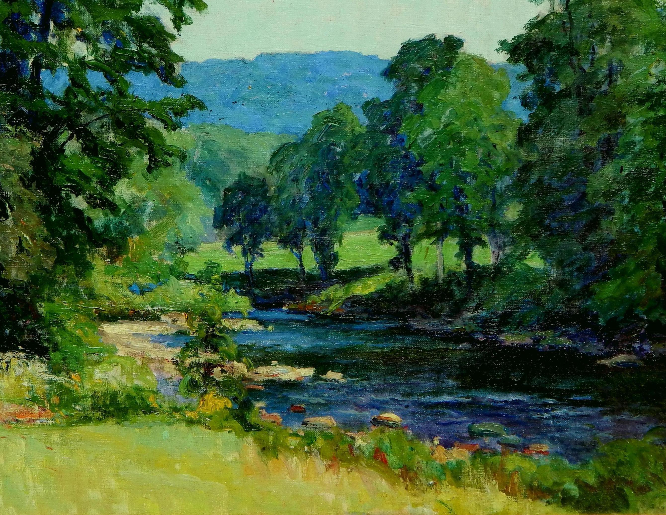 Harriet Lumis, peintre impressionniste du Connecticut, « River at Cummington » - Noir Landscape Painting par Harriet Randall Lumis