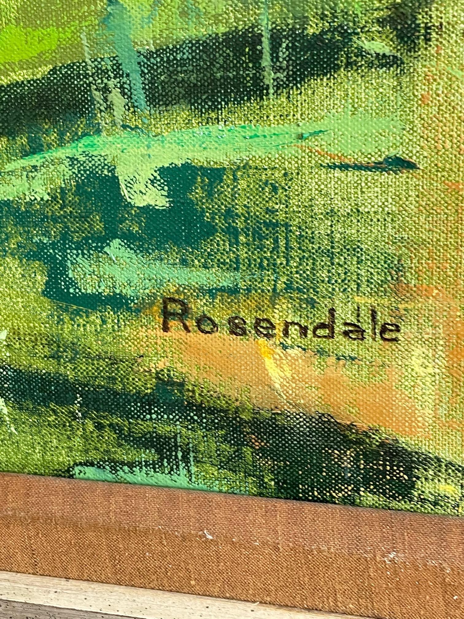 Une belle huile sur toile peinte par Harriet Rosendale, vers 1950, représentant une ferme dans un style abstrait et impressionniste. Harriet Rosendale était une artiste connue et reconnue du Cconnecticut, qui a obtenu une reconnaissance nationale