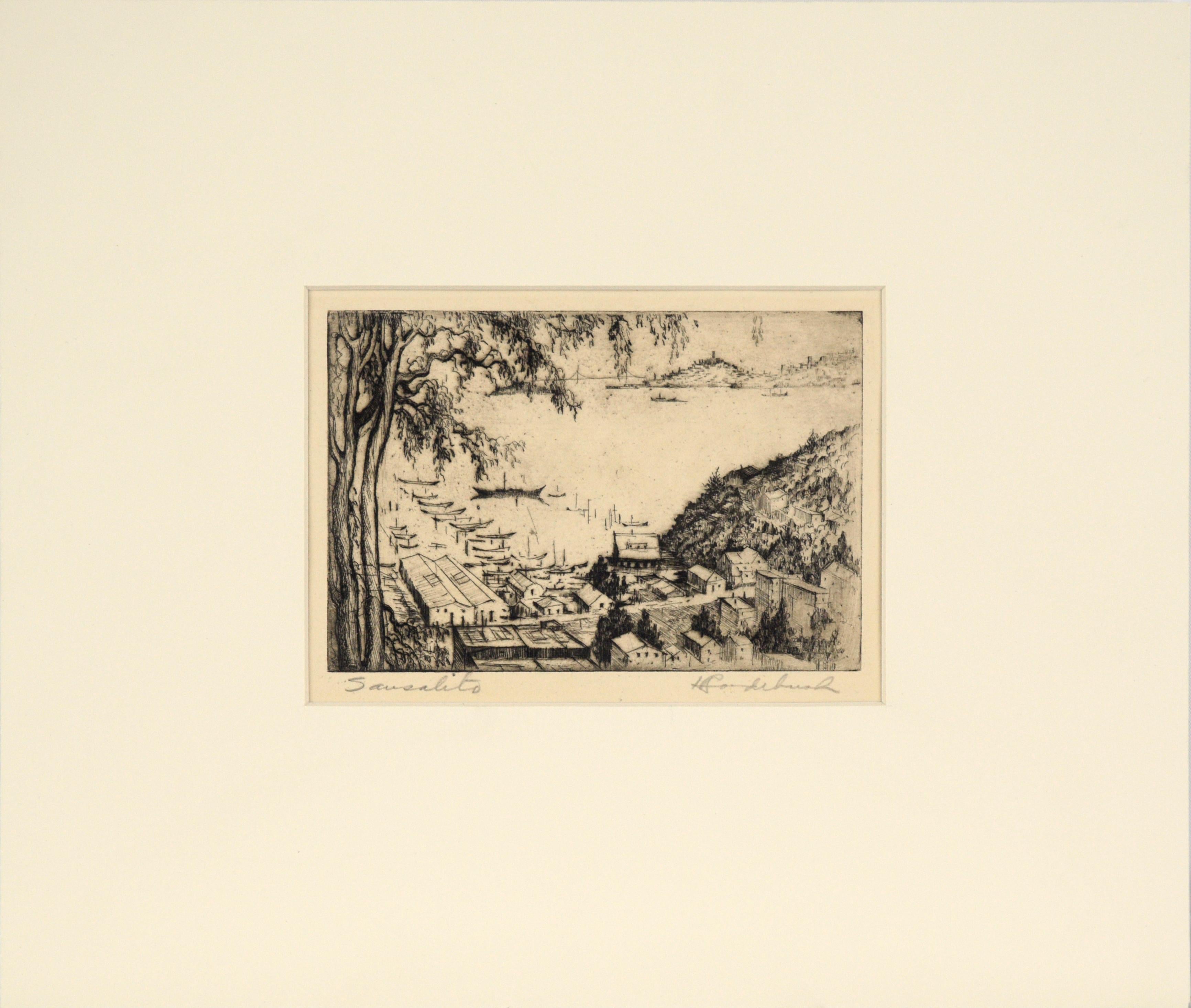 Harriet Roudebush Landscape Print - "Sausalito" Harbor Seascape Drypoint Etching on Paper